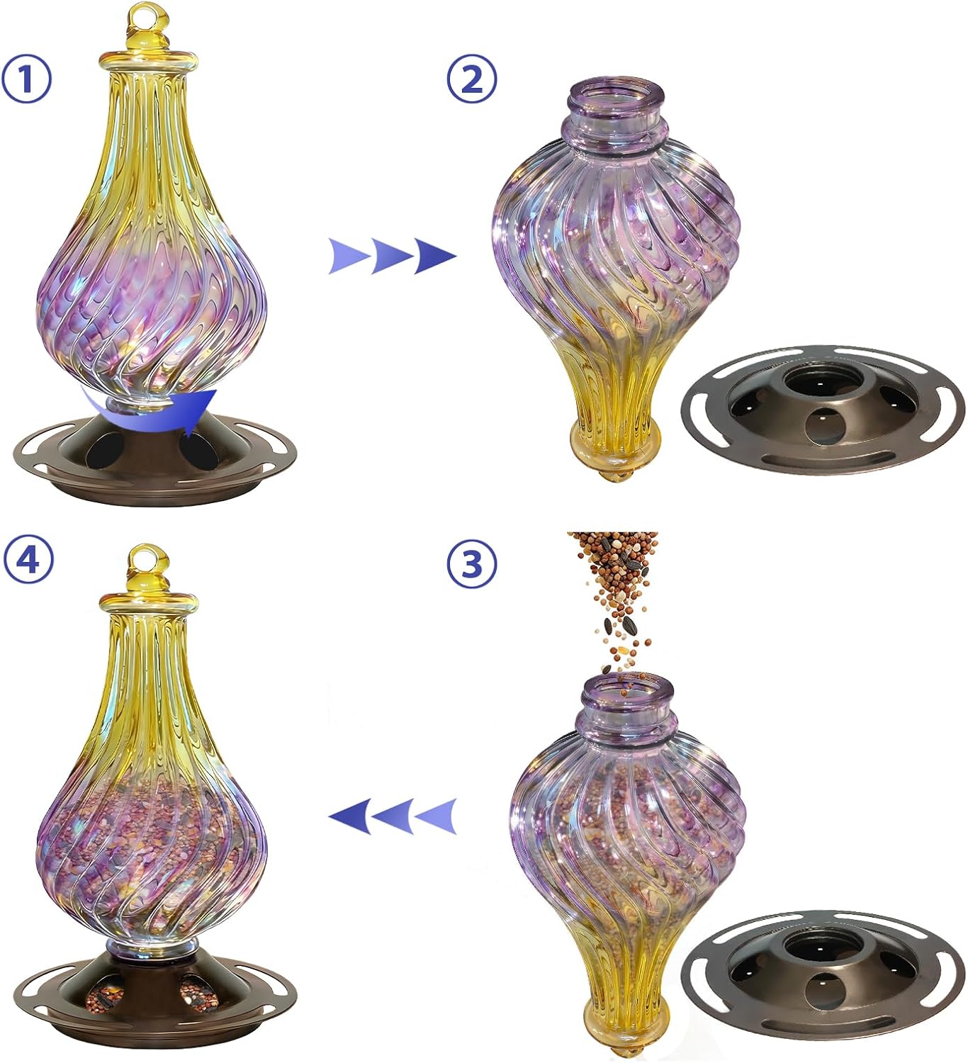 Bird Feeders for Outdoors – Hand Blown Glass Hanging Bird Feeder with Metal Base, 5 Feeding Ports, 24 oz Hanging Wild Bird Feeder for Cardinals & Blue Jays, Garden Decor Gift