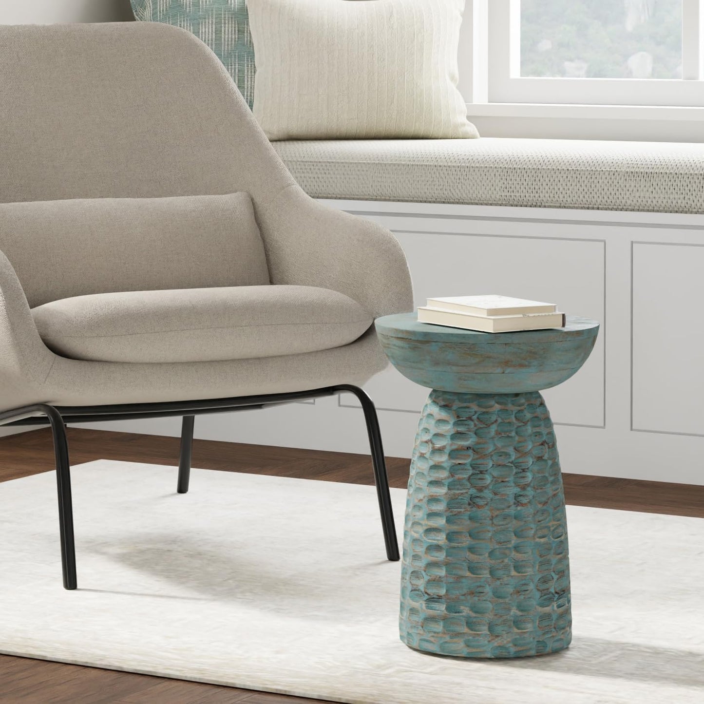SIMPLIHOME Boyd End Table - 13 inch Wide Solid Mango Wood Round Accent Table in Teal Wash, Handcrafted Contemporary Nightstand or Lamp Stand for Living Room, Bedroom, or Office, Assembled