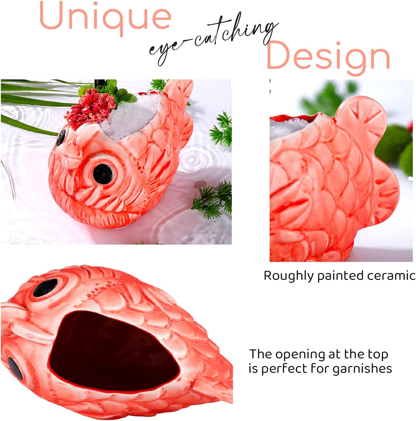 Tiki Mugs Cocktail Set of 2 Ceramic Weird Fish Tiki Mugs, Hawaiian Luau Party Mugs, Fun Exotic Cocktail Tiki Cups, Tropical Tiki barware for Party Barware, 22oz/650ml