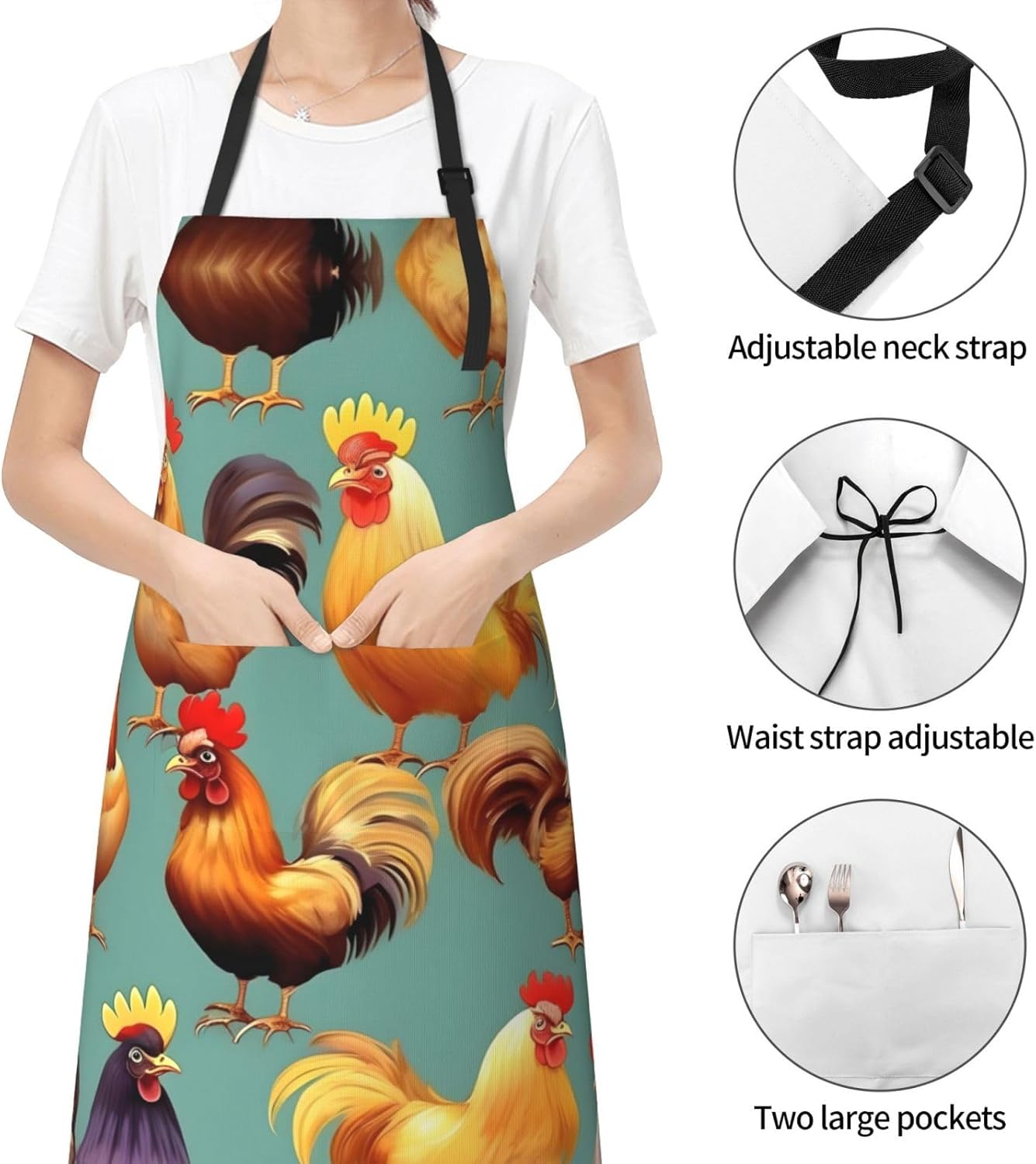 Cute Rooster Chickens Print Laundry apron 28x33 In Waterproof Kitchen Apron with Pockets for Cooking Baking