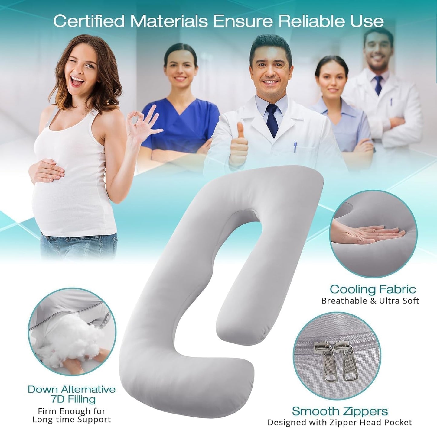Sasttie Pregnancy Pillows for Sleeping, U Shaped Cooling Full Body Pillow with Removable Cover, Pregnant Women Must Haves, Maternity Essential, Light Grey