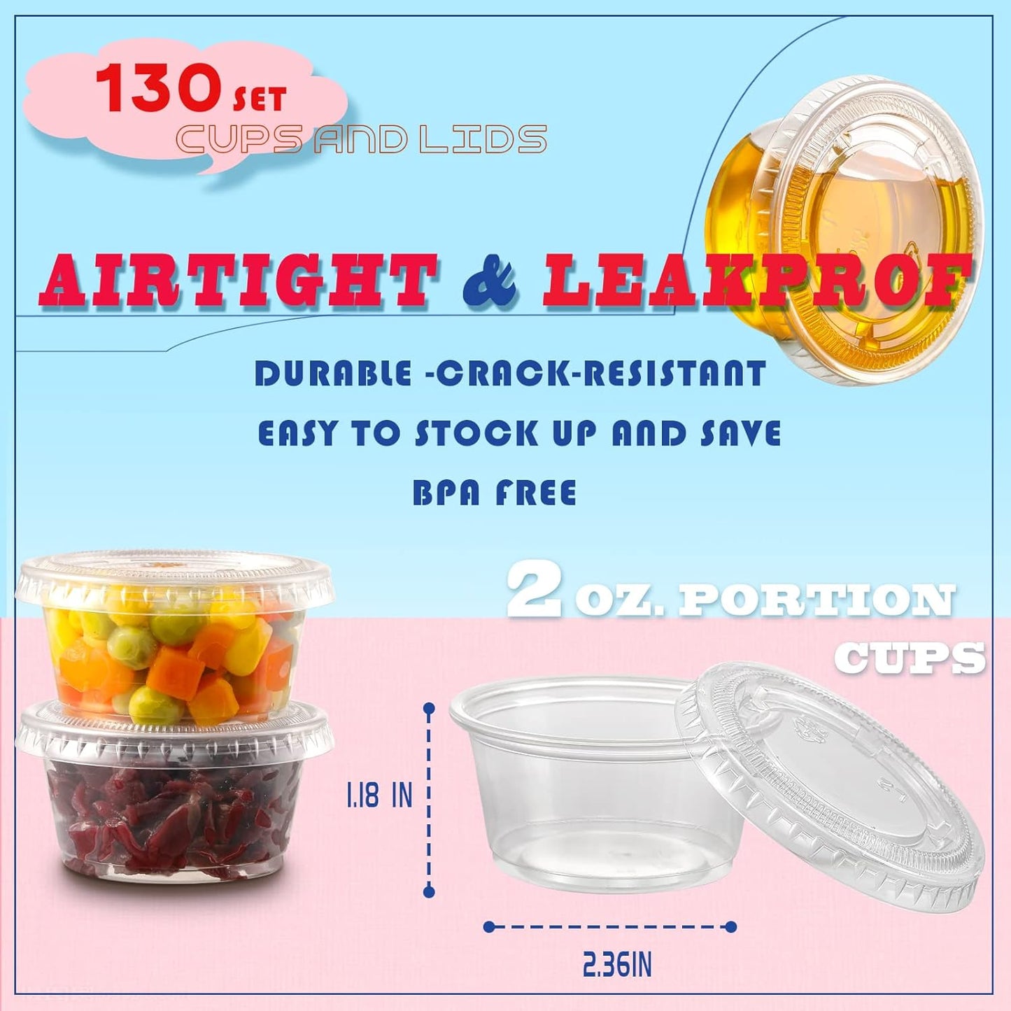 VITEVER 130 sets - 2 oz Jello Shot Cups, Small Plastic Containers with