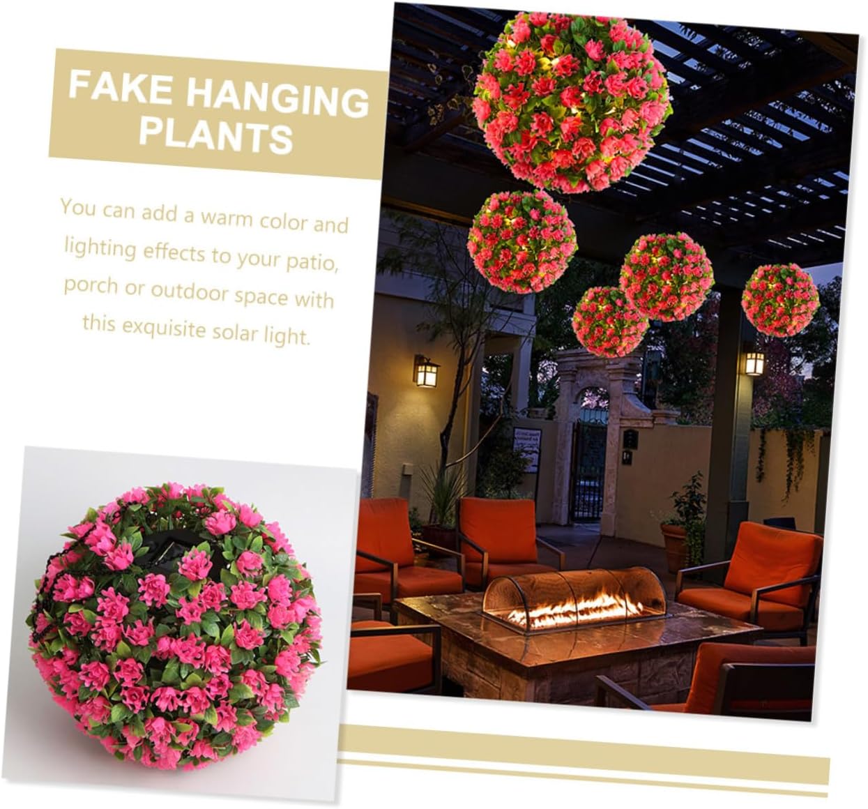 BESTOYARD Pink Flower Solar LED Hanging Topiary Ball, Artificial Grass Sphere with Solar Light for Outdoor Garden and Wedding Décor