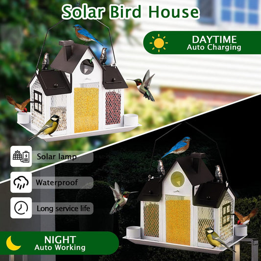 Solar Bird Feeders for Outdoors,Bird House Feeder,Hanging Metal Mesh Wild Window Large Finch Cardinal Nest Houses Garden Decoration Squirrel Proof (White)