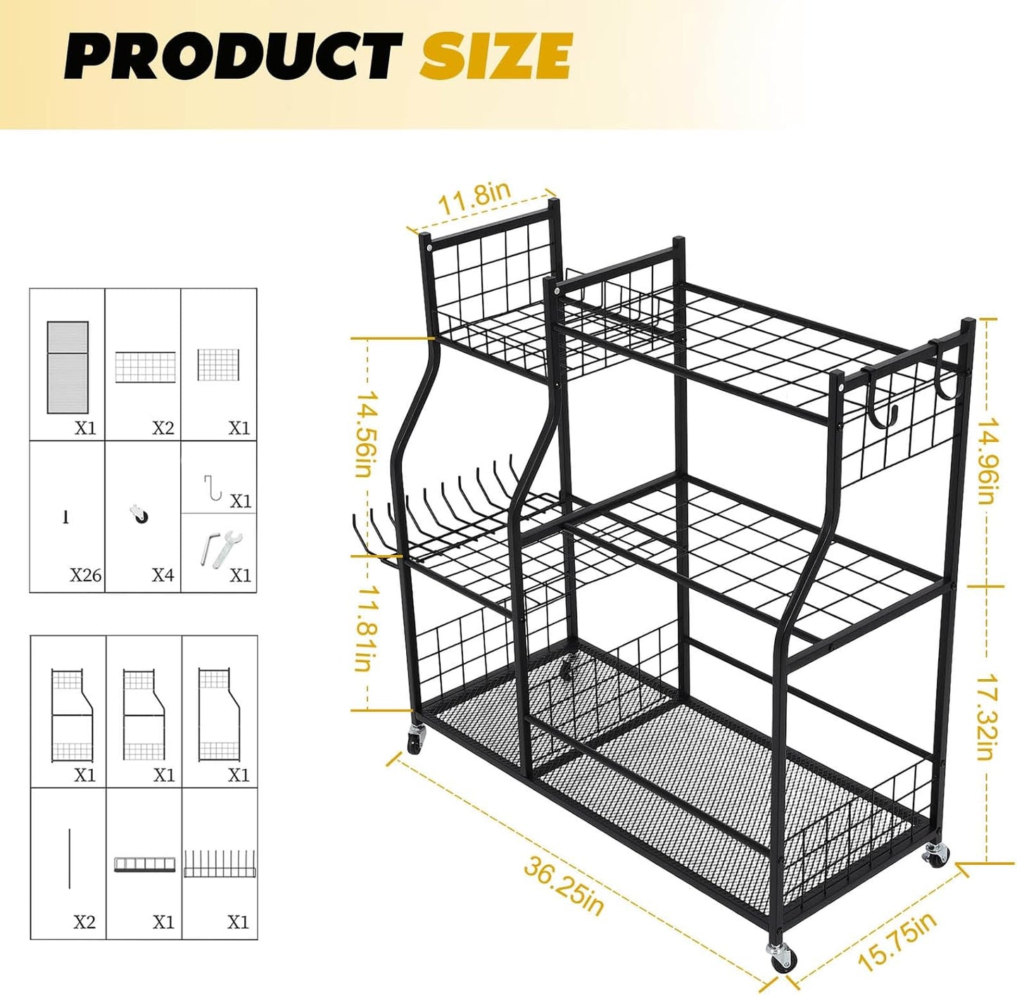 Garden Tool Organizer Rolling Cart Large Capacity Rust-Resistant Metal