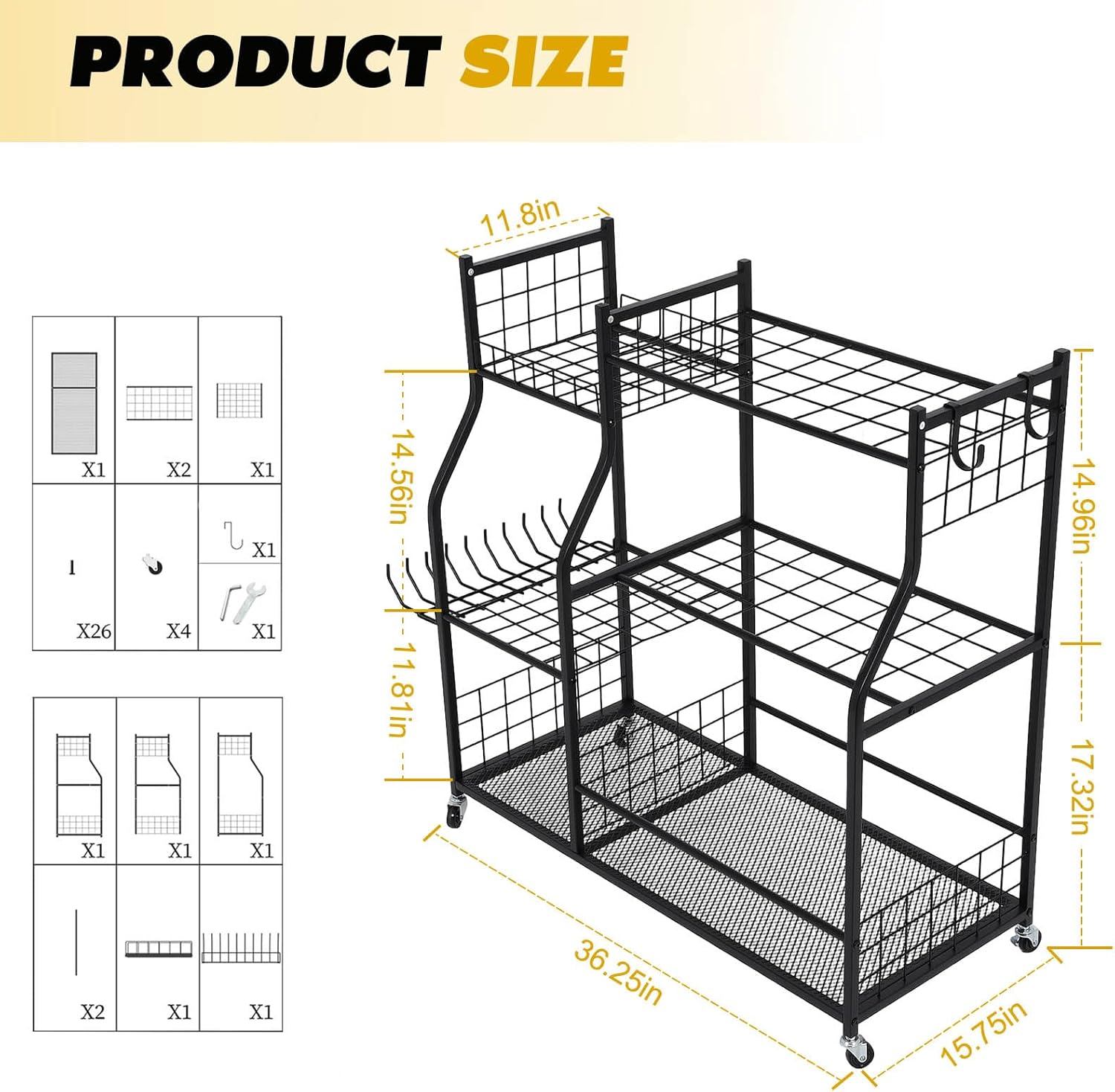 Garden Tool Organizer Rolling Cart Large Capacity Rust-Resistant Metal