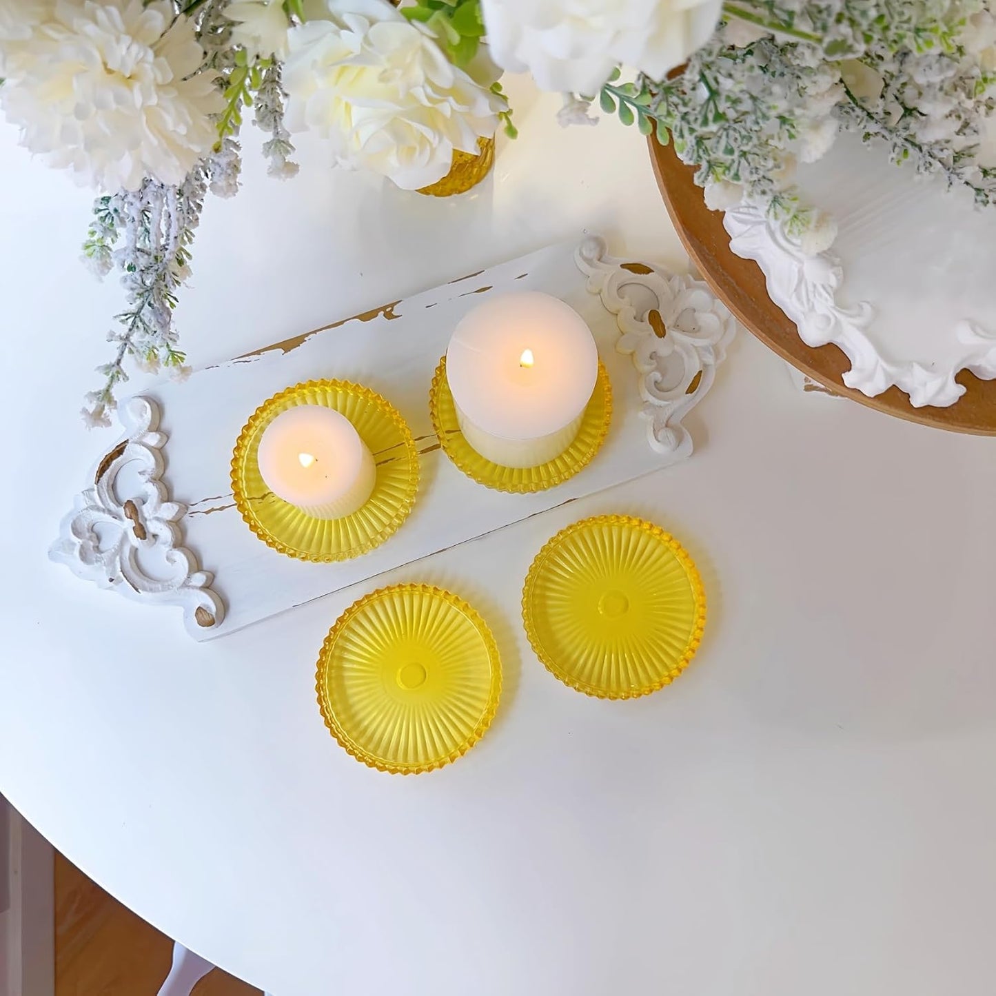 3.8 Inch Yellow Glass Pillar Candle Holder Plates Set of 2 Coaster Holder Round Candle Stand for Table Centerpieces, Wedding,Party,and Home Decor