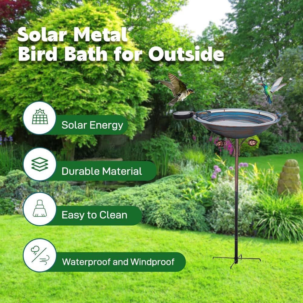 Metal Bird Bath with Stake, Large Standing Birdbath with Solar Light, 39" Tall Bird Bath & Feeder with 15" Bowl & Decorative Cast Iron Bird for Outside Garden Patio Yard Decor, Blue