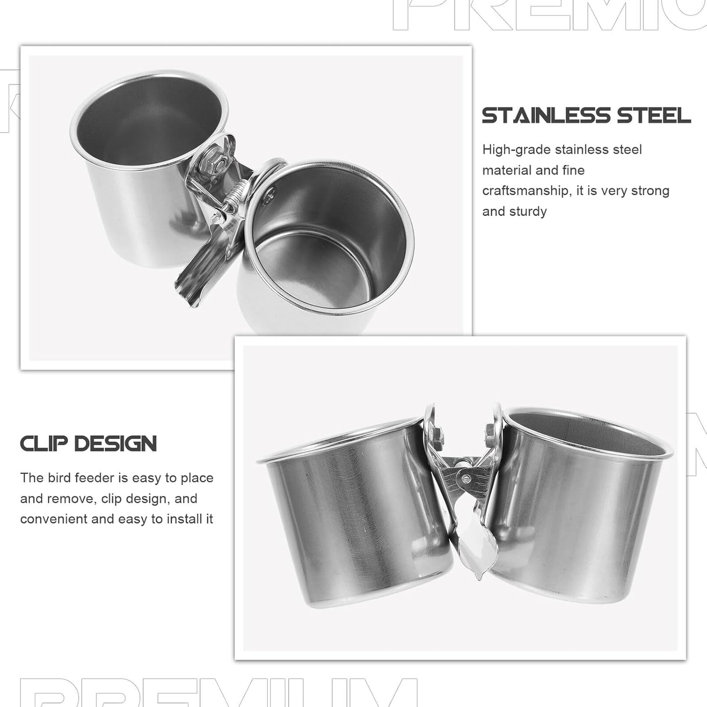 PRETYZOOM 2pcs Stainless Steel Bird Feeder Cups with Clip Holder Small and Medium Parrot Food Bowls for Bird Cage Feeding Sturdy Cage Food Holders for Parrots