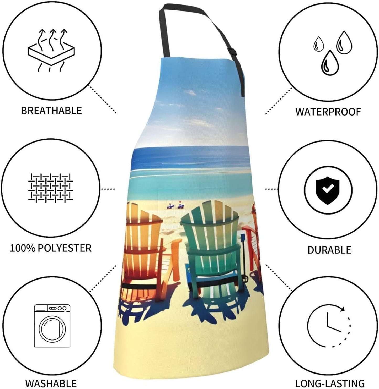 beach scene with chairs Print Laundry apron 28x33 In Waterproof Kitchen Apron with Pockets for Cooking Baking
