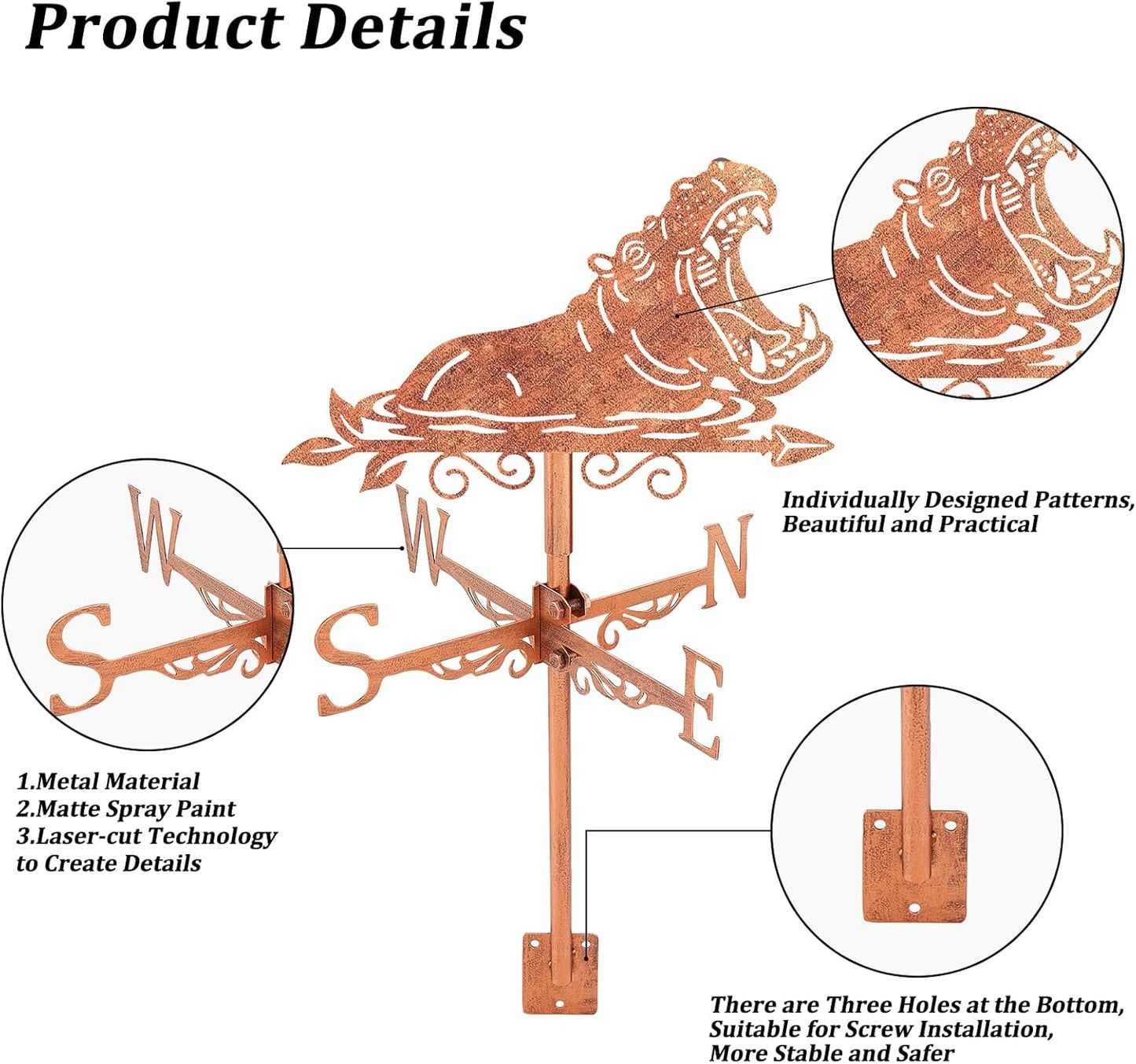 SUPERDANT 1Pc Iron Hippo Weathervane Animal Wind Vane Copper Metal Roof Garden Fence Decorative Wind Direction Indicator Black