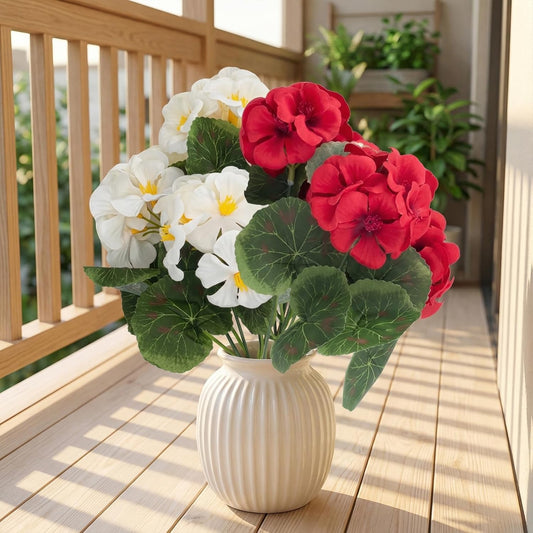 Artificial Flowers, Artificial Plants Outdoor, Artificial Geraniums, Realistic Fake Flowers, Porch Decorations, for Garden, Patio, Window Box, Party Wedding Decoration (6, Red, White)