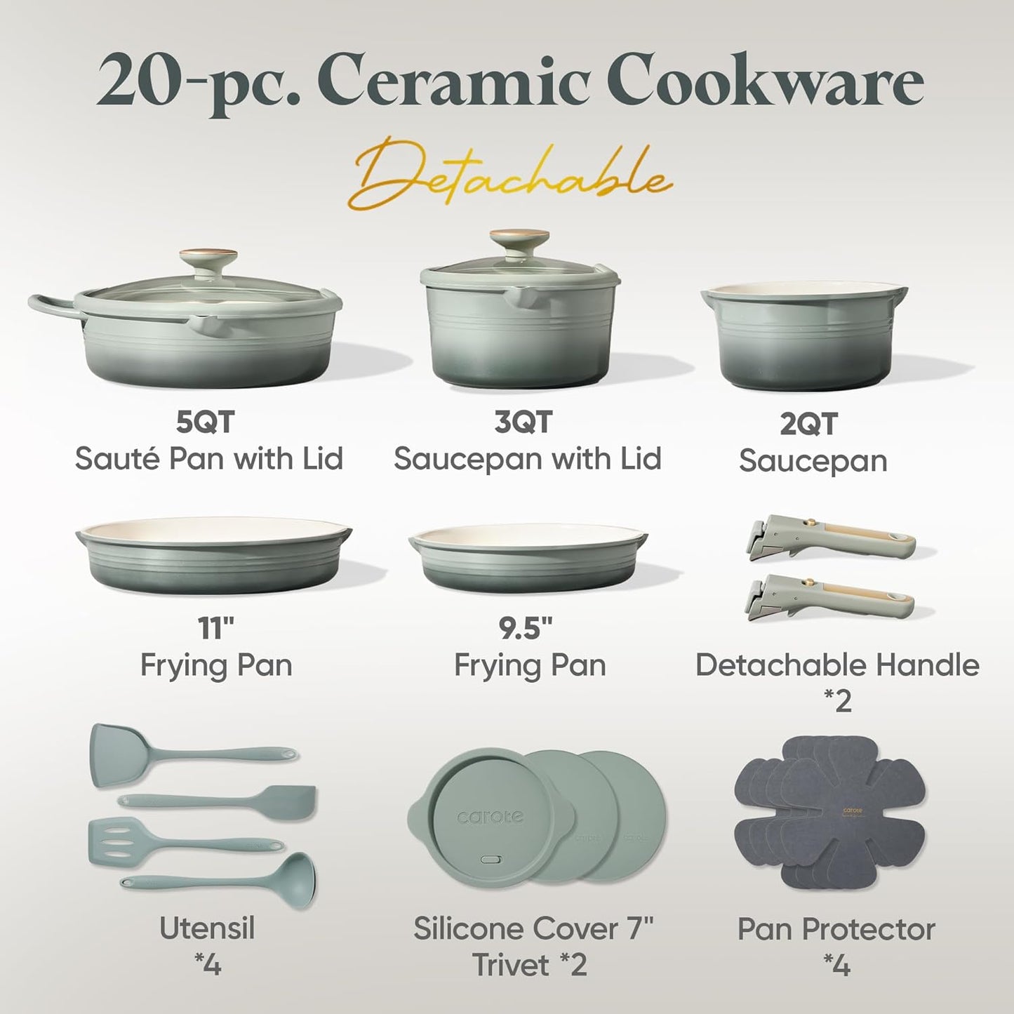 CAROTE 20Pcs Titanium Cookware Set, Pots and Pans Set Non Stick, Kitch