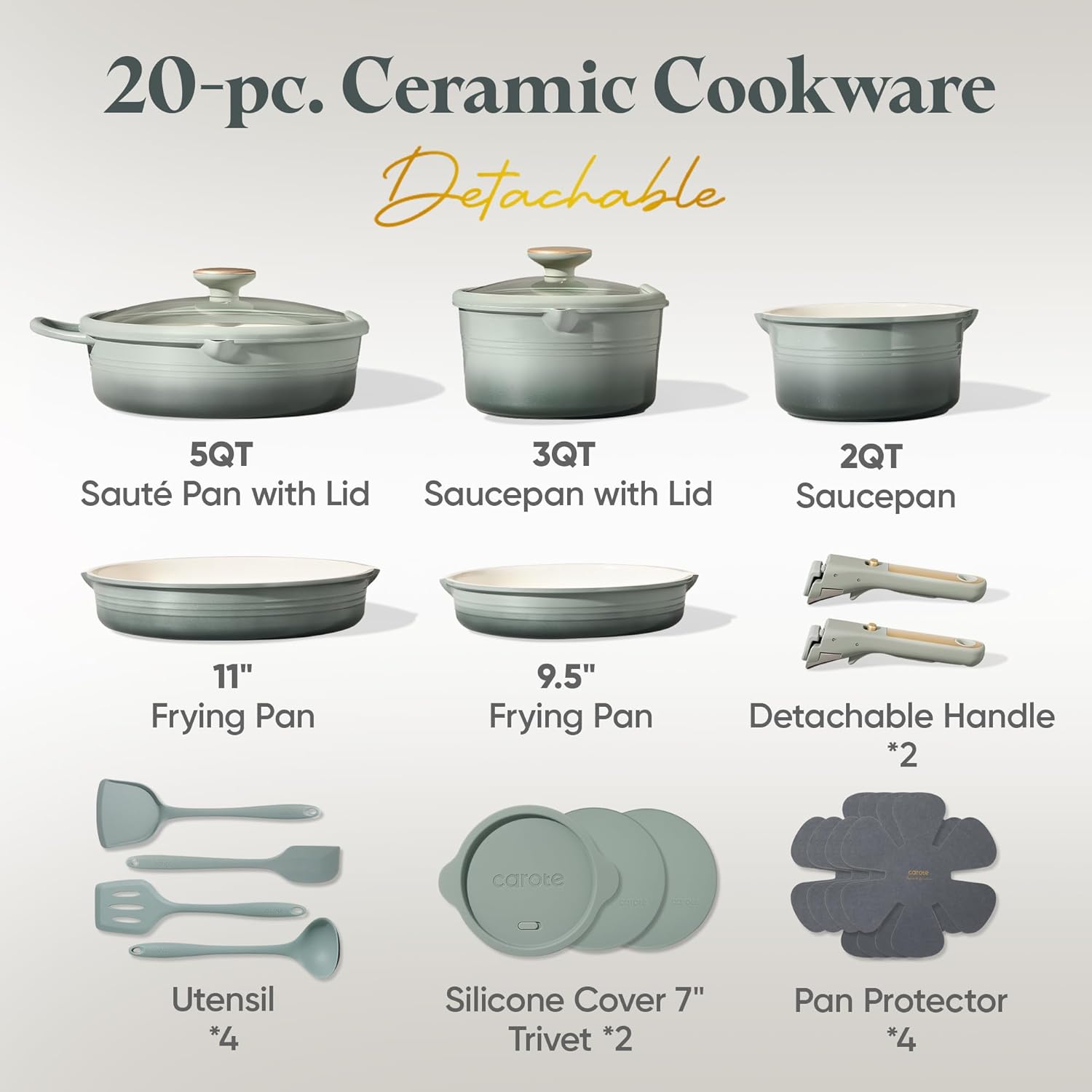 CAROTE 20Pcs Titanium Cookware Set, Pots and Pans Set Non Stick, Kitch
