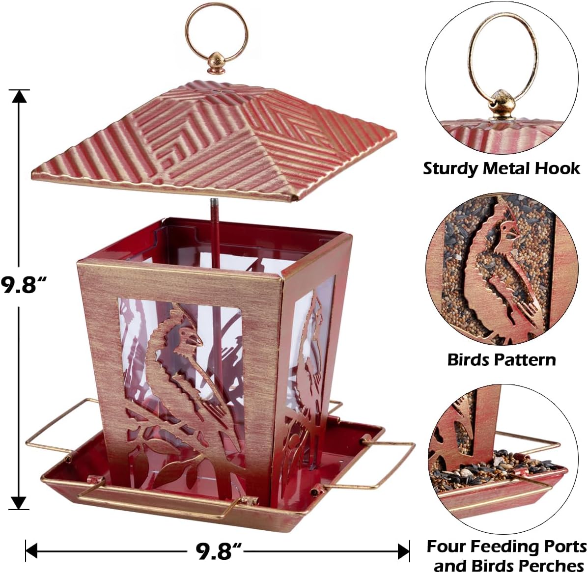 Birdream Metal Bird Feeders, Unique Vintage Design Bird Feeder for Outside Squirrel Proof, Attracting Wild Birds Cardinal Bluebird (Red Gold)
