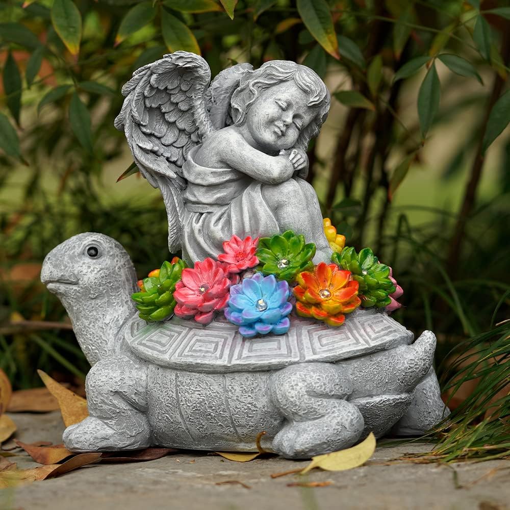 Solar Angel Turtle Garden Statue - IP65 Waterproof Outdoor Decor with 7 LED Lights - Heartwarming Memorial Gifts for Mom, Grandma - Resin Figurine for Patio & Yard