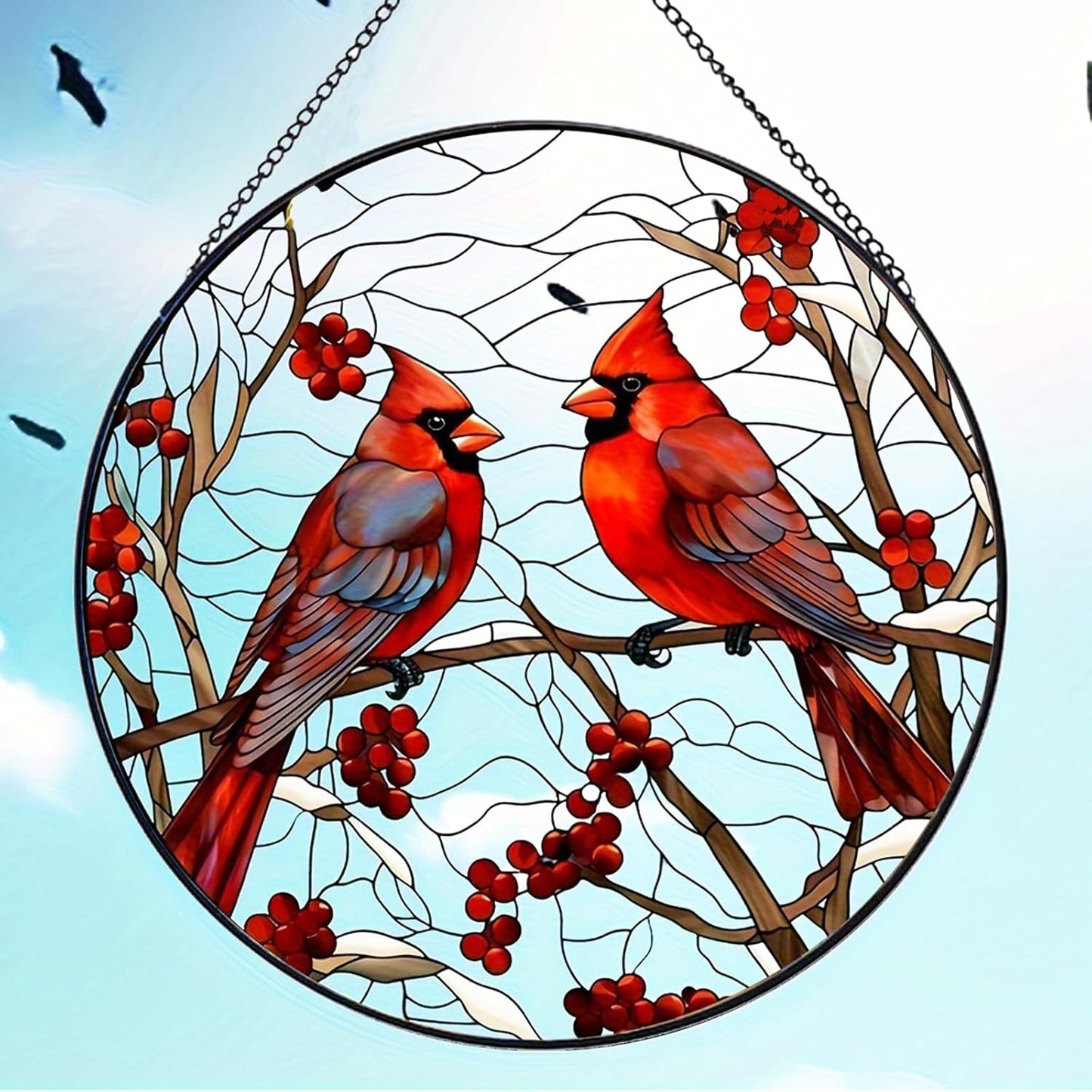Red Cardinal Stained Glass Suncatcher - Handmade Christmas Window Hanging for Home Garden Deco