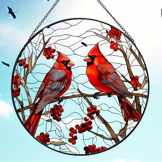 Red Cardinal Stained Glass Suncatcher - Handmade Christmas Window Hanging for Home Garden Deco