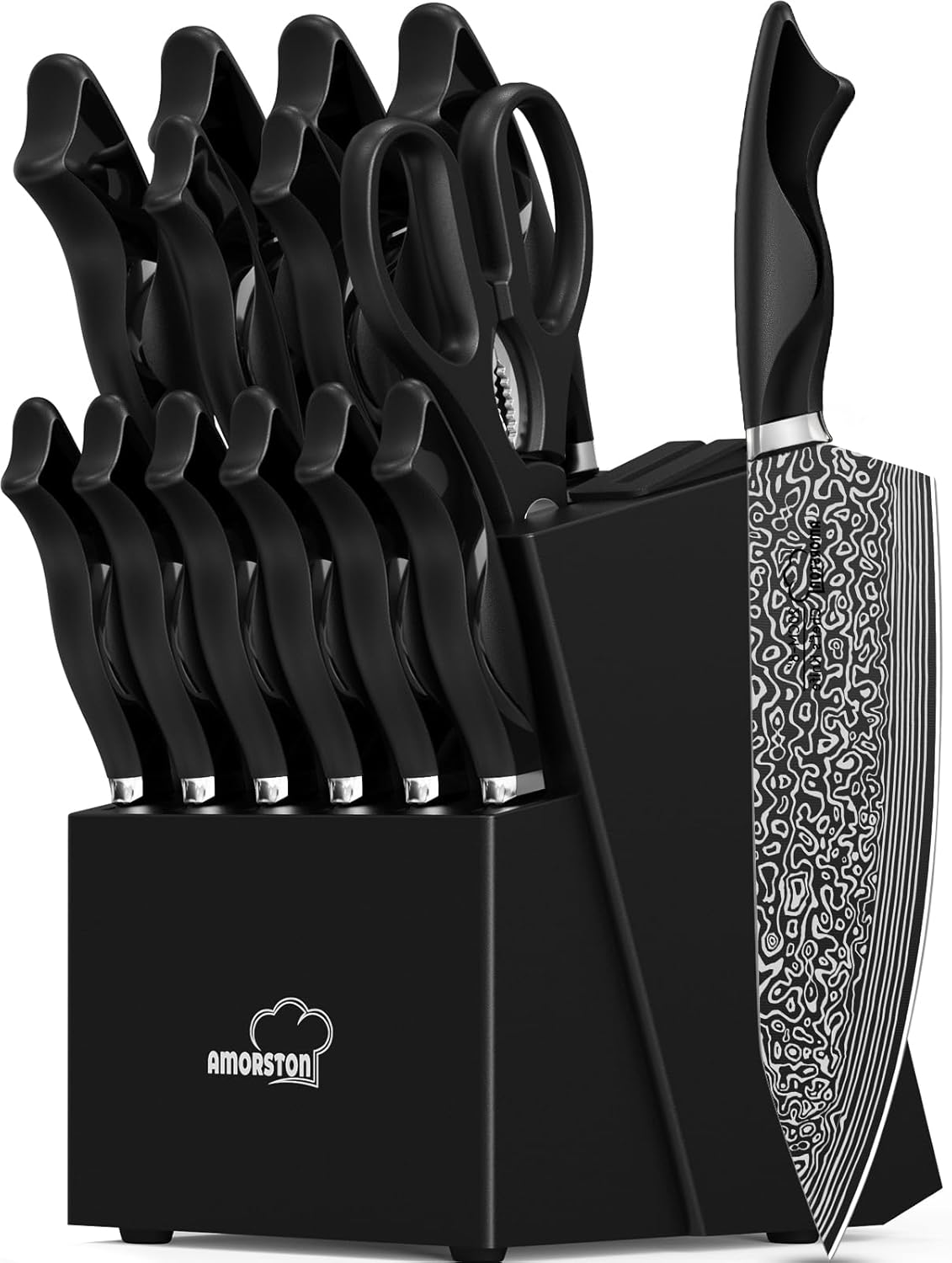 Knife Set, 15 Pieces Kitchen Knife Set with Built in Sharpener, High C
