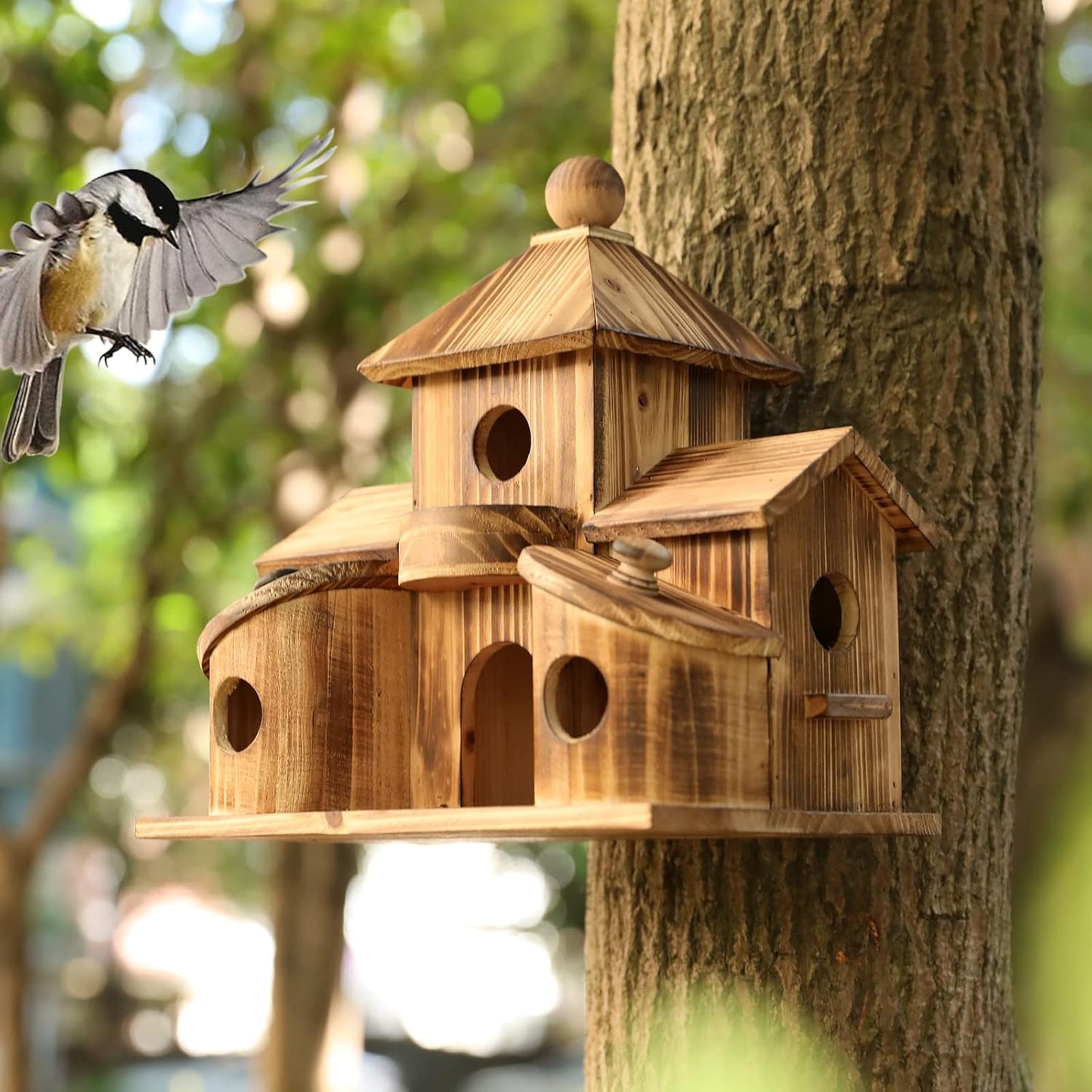 Bird House for Outside, Wooden 6 Hole Bird House Room for Multiple Birds, Decorative Hanging Birdhouse Nesting Box for Garden, Bird Hotel for Wren Chickadee Sparrow