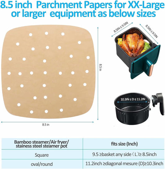 Air Fryer Parchment Paper Liners: 200PCS 8.5 inch Square Perforated parchment paper for Air Fryer, Premium Bamboo Steamer Liner for Air Fryers Baking Cooking Oven
