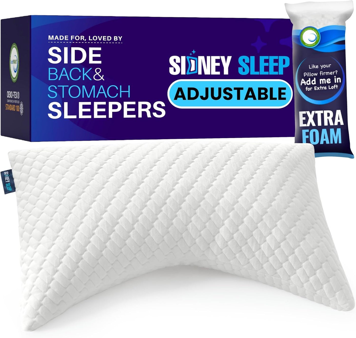 Sidney Sleep Adjustable Curved Contour Fill Pillow – Queen Size – for Side and Back Sleepers – Neck & Shoulder Comfort Support – Extra Fill Included (White)