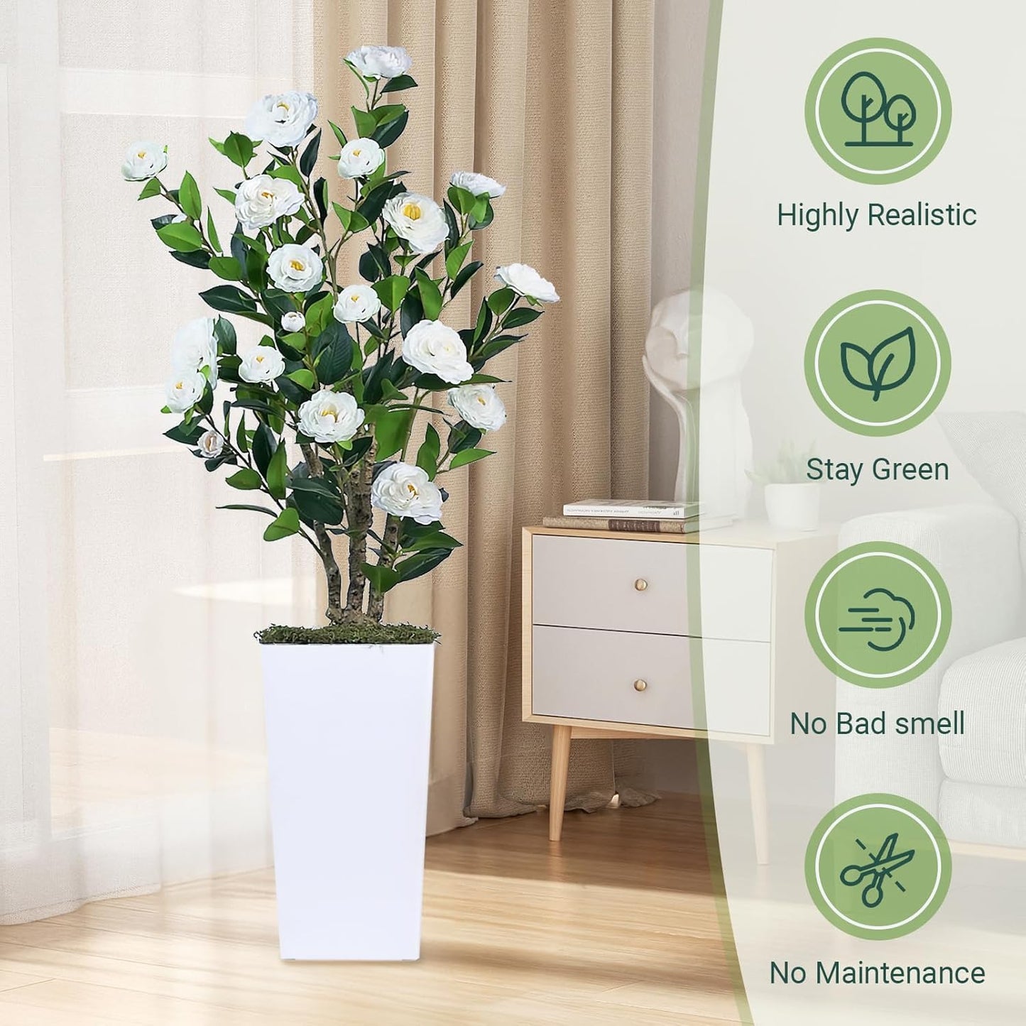 2Pack Artificial Camellia Tree with White Tall Planter – 4FT Faux Camellia Plant in Pot with White Flowers, Greenery Potted Plant for Indoor Outdoor Office Home Porch Decor
