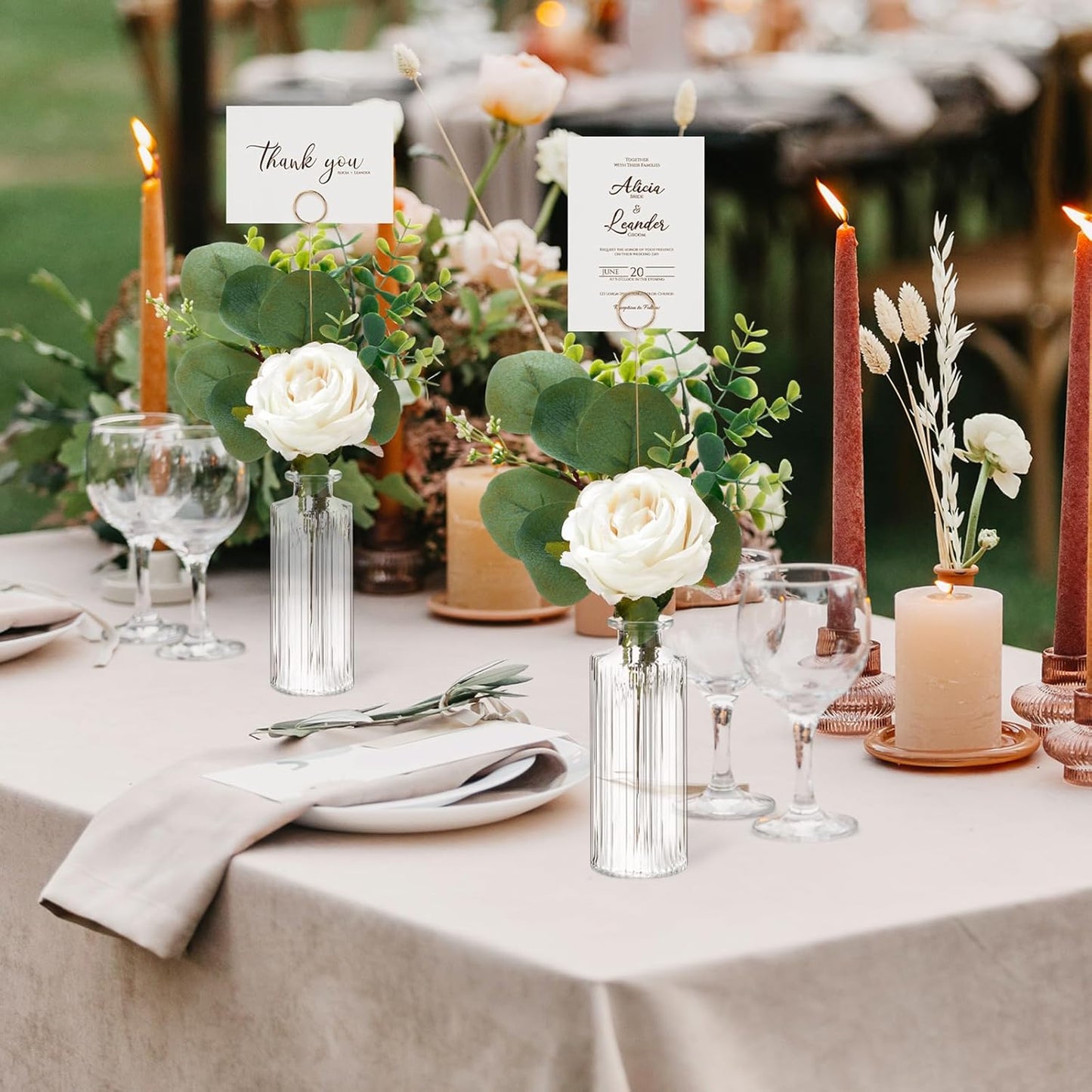 12 Set Artificial Flowers with Vases and Table Number Holder 72 Pcs Glass Bud Vases, Fake Plants and Card Holder Picks Flower Table Centerpieces DIY Set for Wedding Home Dining Party Decor