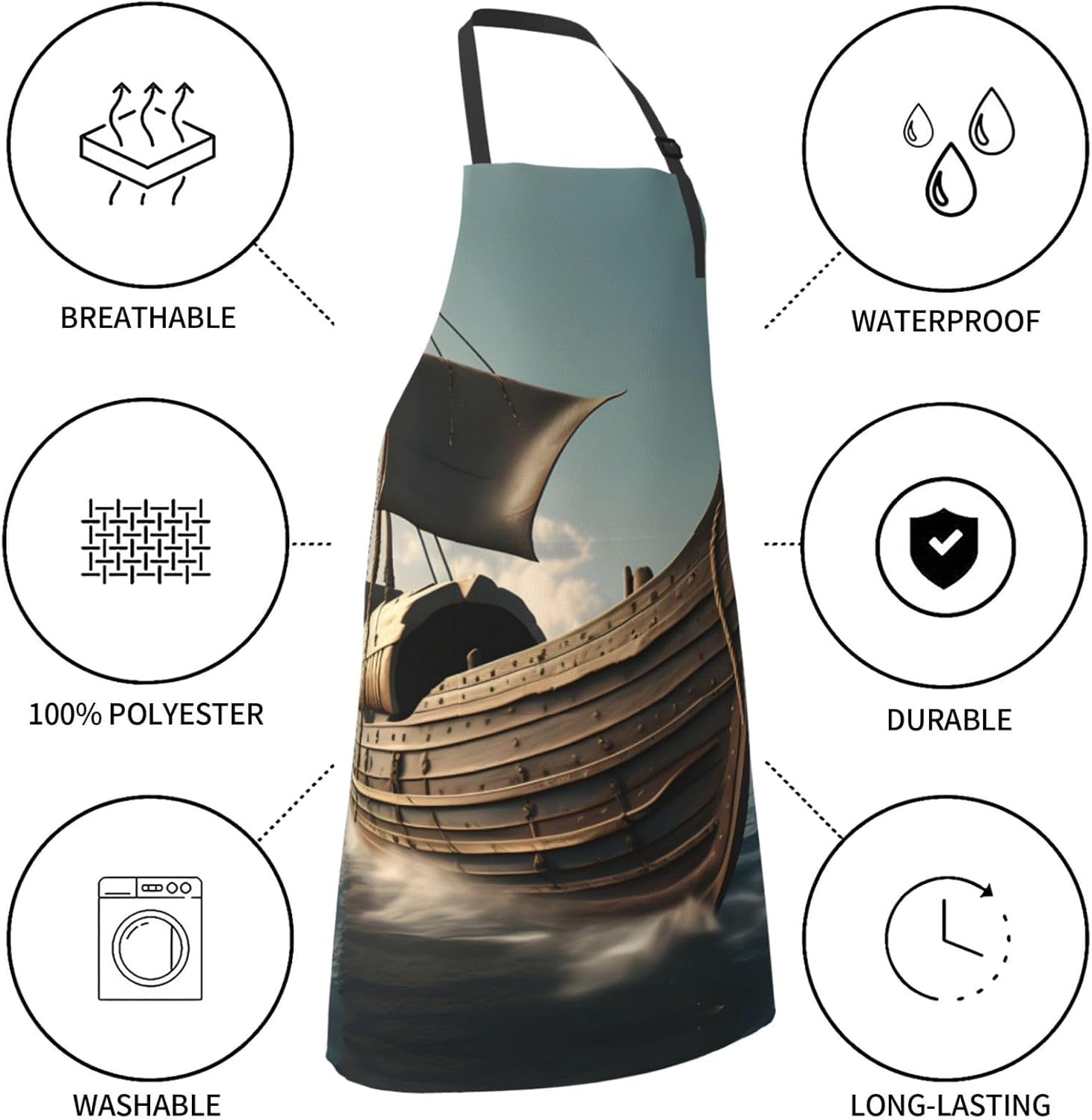 Old Viking Boat Print 28x33 In Adult Kitchen Apron with Pockets Versat