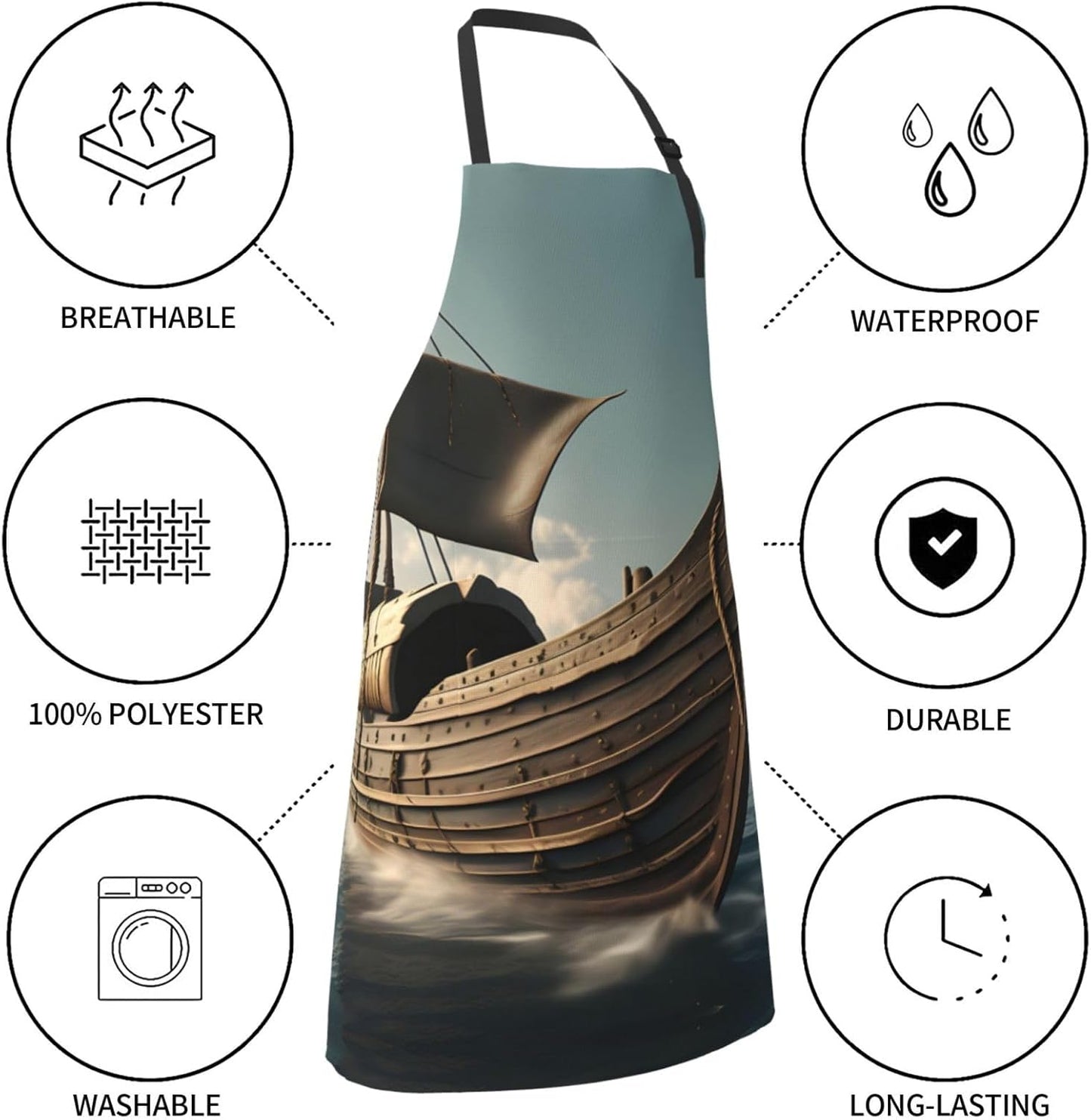 Old Viking Boat Print 28x33 In Adult Kitchen Apron with Pockets Versatile Chef Smock for Cooking Baking