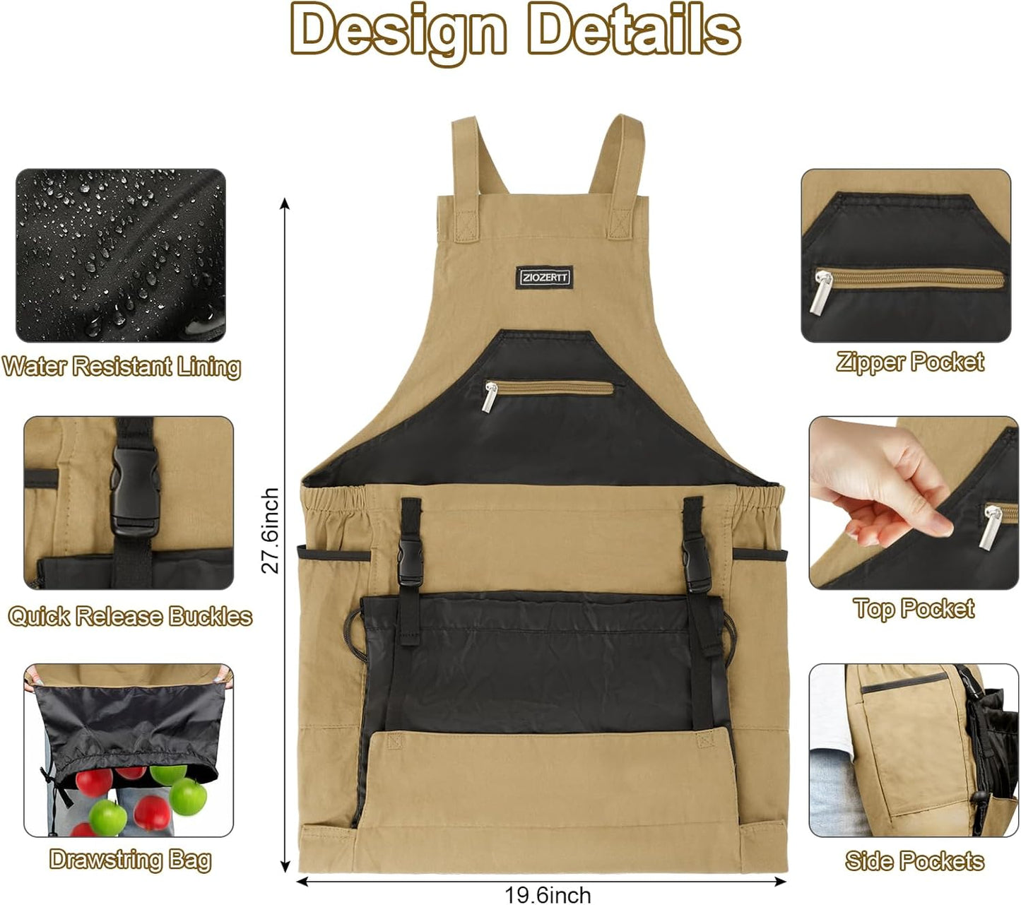 Garden Apron,Harvest Aprons with Drawstring Bag and Pockets for Women 