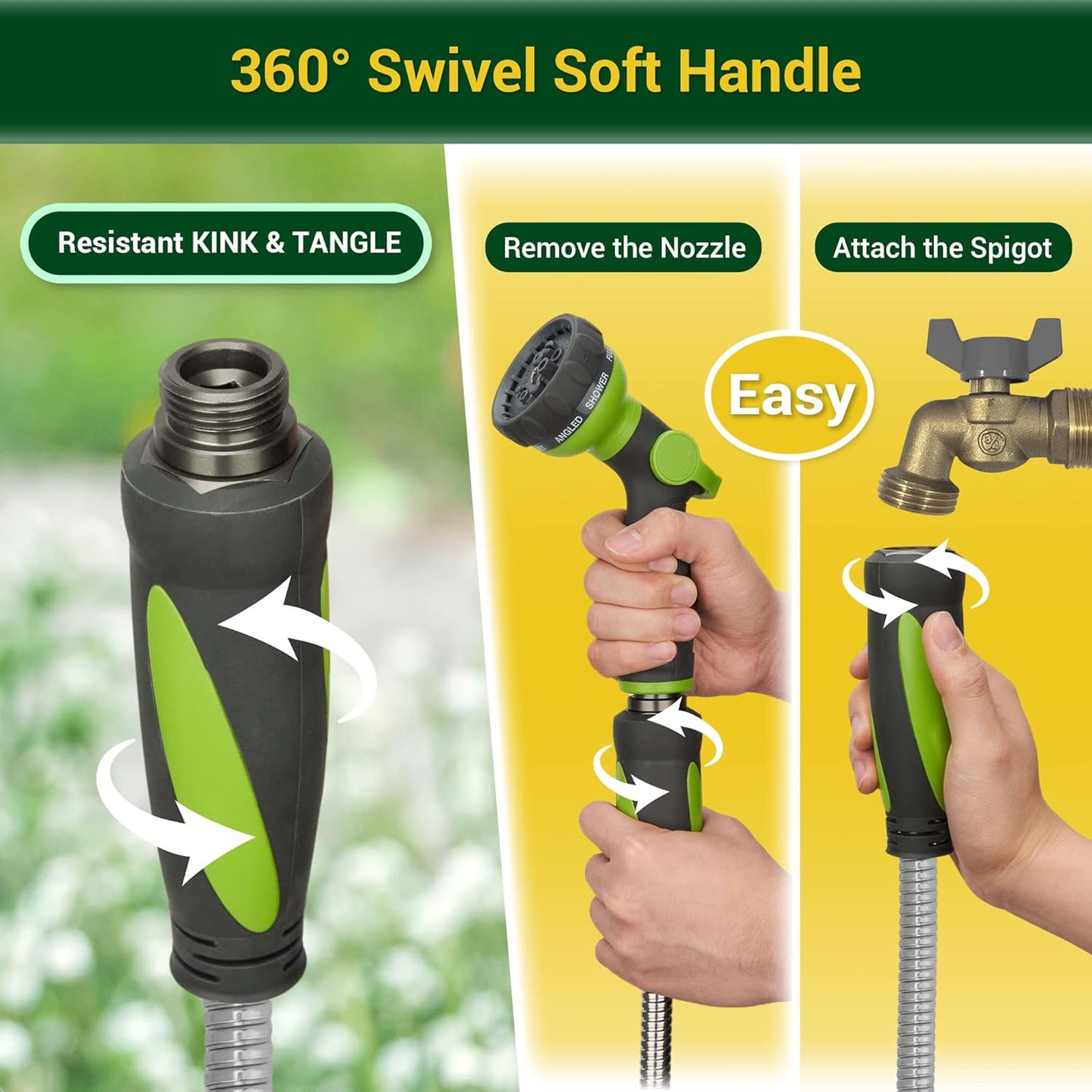 Garden Hose - Water Hose 50 FT with Swivel Handle & 8 Function Nozzle,