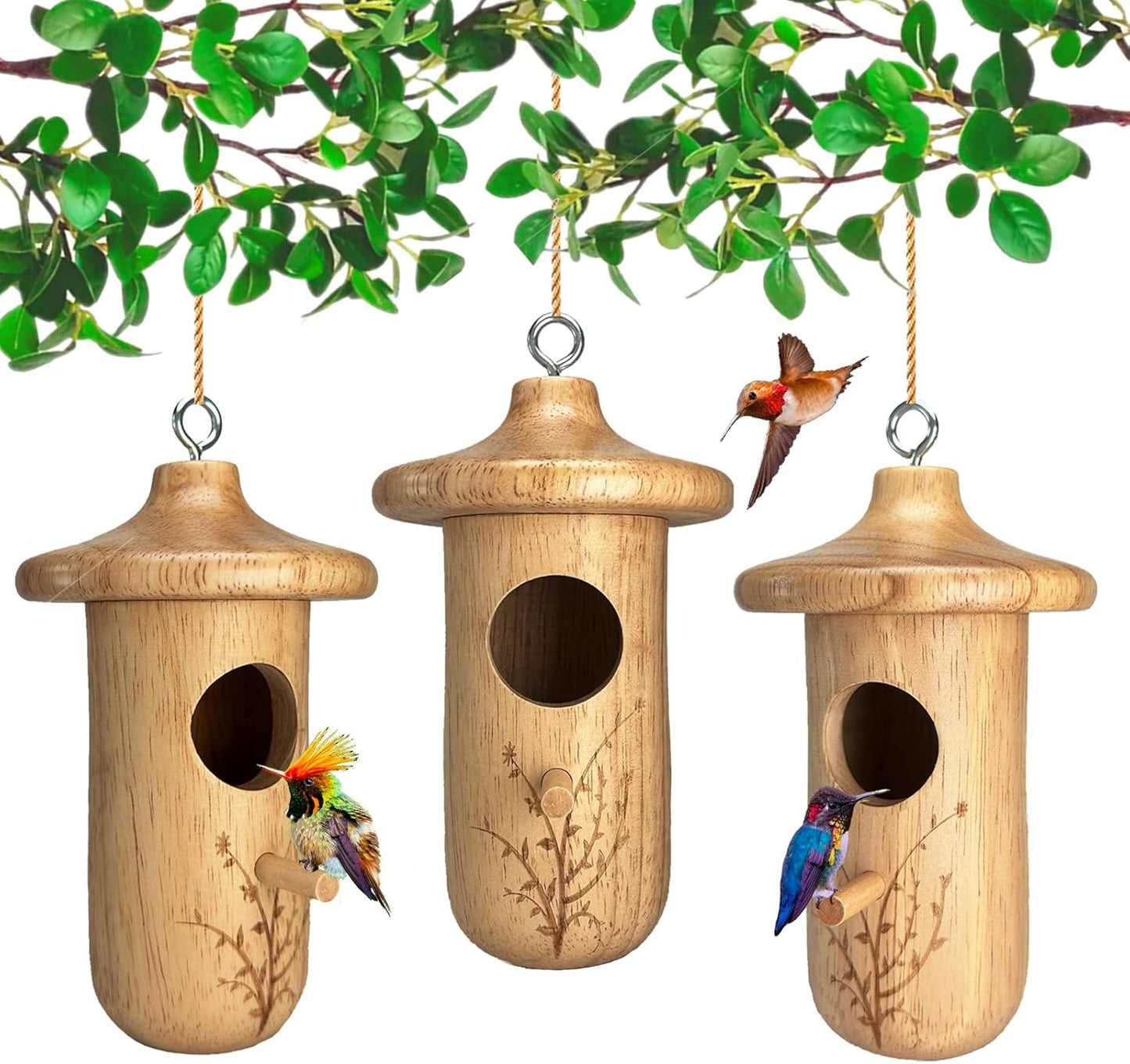 Hummingbird House, 3Pcs Humming Bird House for Outside Hanging, Natural Wooden Hummingbird Nest, Gardening Gifts Home Decoration