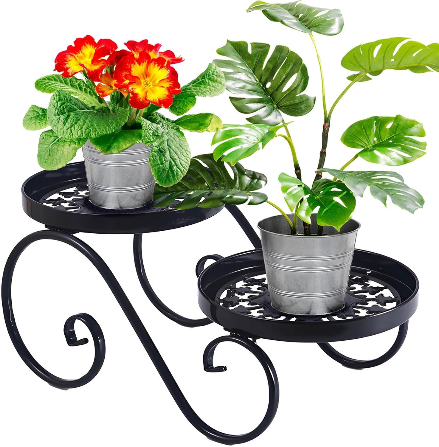 2 Tier Black Plant Stand, Metal Flower Stand Indoor Outdoor, Anti-Rust