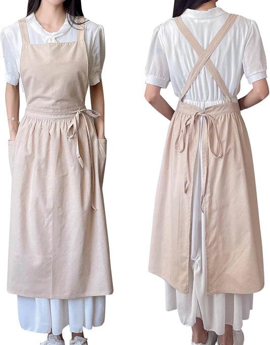 Pinafore Apron Dress，Japanese Cotton Linen Cross Back Apron for Women 
