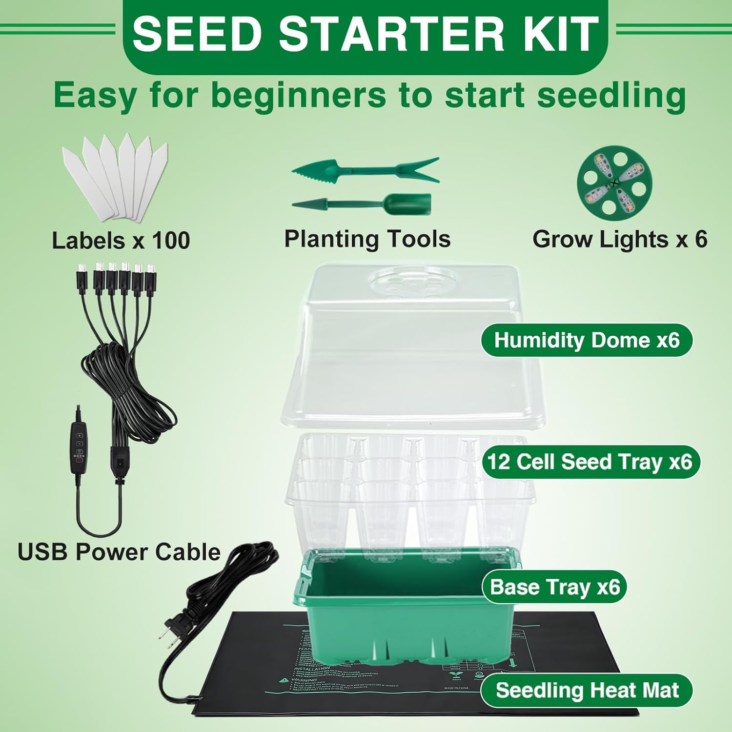 Apipi Seed Starter Tray with Grow Light & Heat Mat- 6 Pack 72 Cell Dur