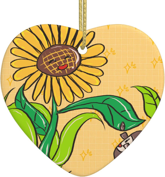 Sunflower Seeds and Sunflowers Heart-Shaped Ceramic Ornaments for Home Wall Decoration, Garden Parties, and Christmas Tree Decorations.