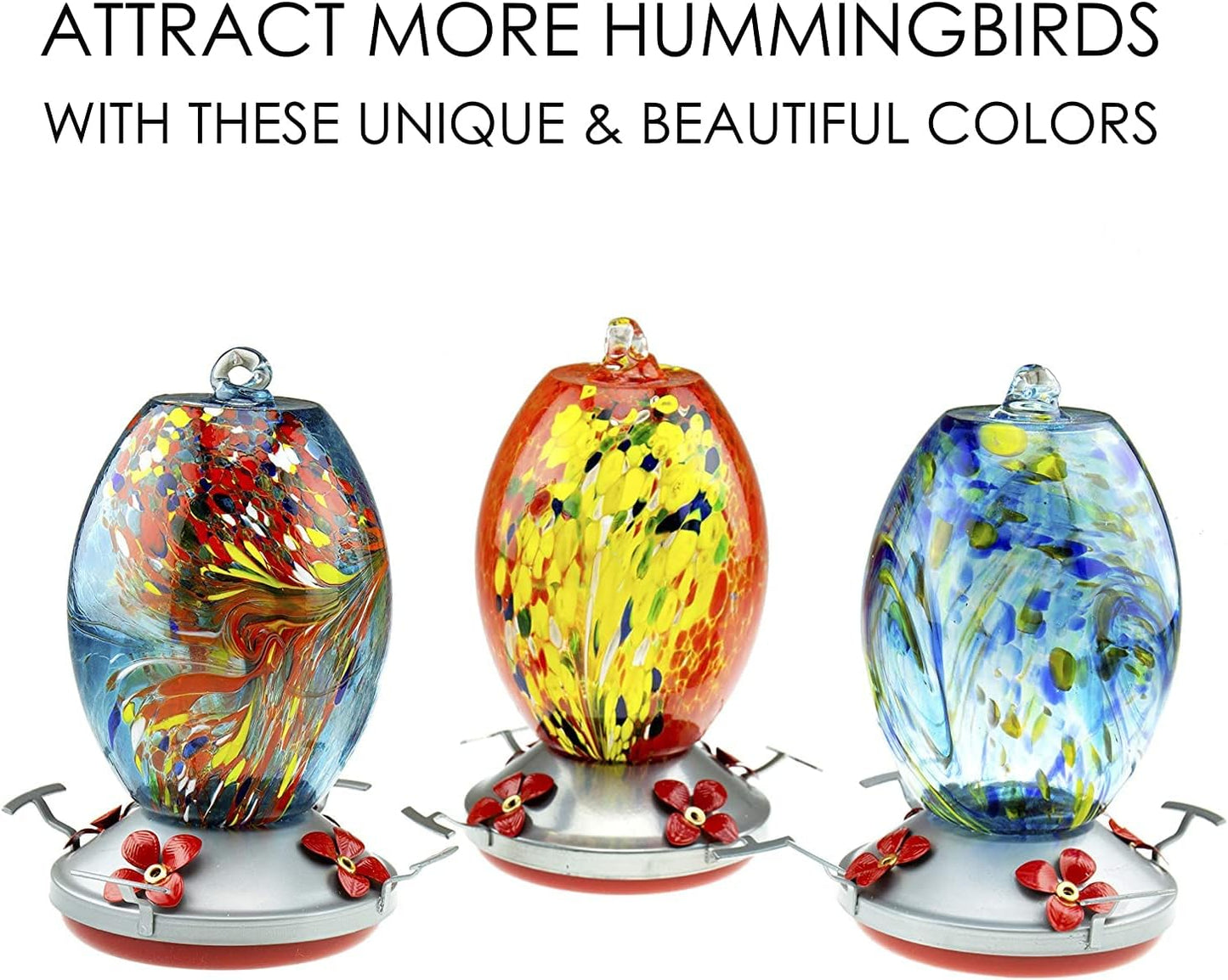 CLEVER GARDEN Hummingbird Feeder with Perch | Hand Blown Flat Glass in Red | 27 Fluid Ounces Humming Bird Nectar Capacity with Hanging Metal Wires and Ant Moat Hook