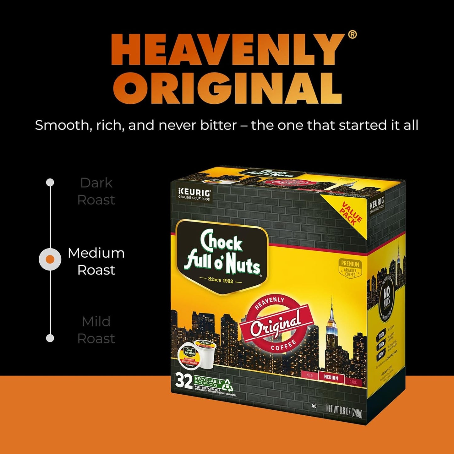 Chock Full o' Nuts Heavenly Original Keurig K-Cup Pods for Keurig Brewers – Premium Arabica, Medium Roast – Single Serve – 1 Pack of 32 K-Cup Pods