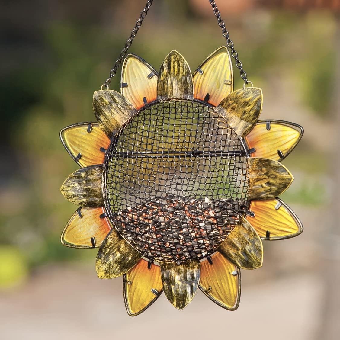 Evergreen Flag Sunflower Hanging Bird Feeder | 11 Inch Diameter | Chain Included | Easy to Fill | Outdoor Outside Garden | Squirrel Proof