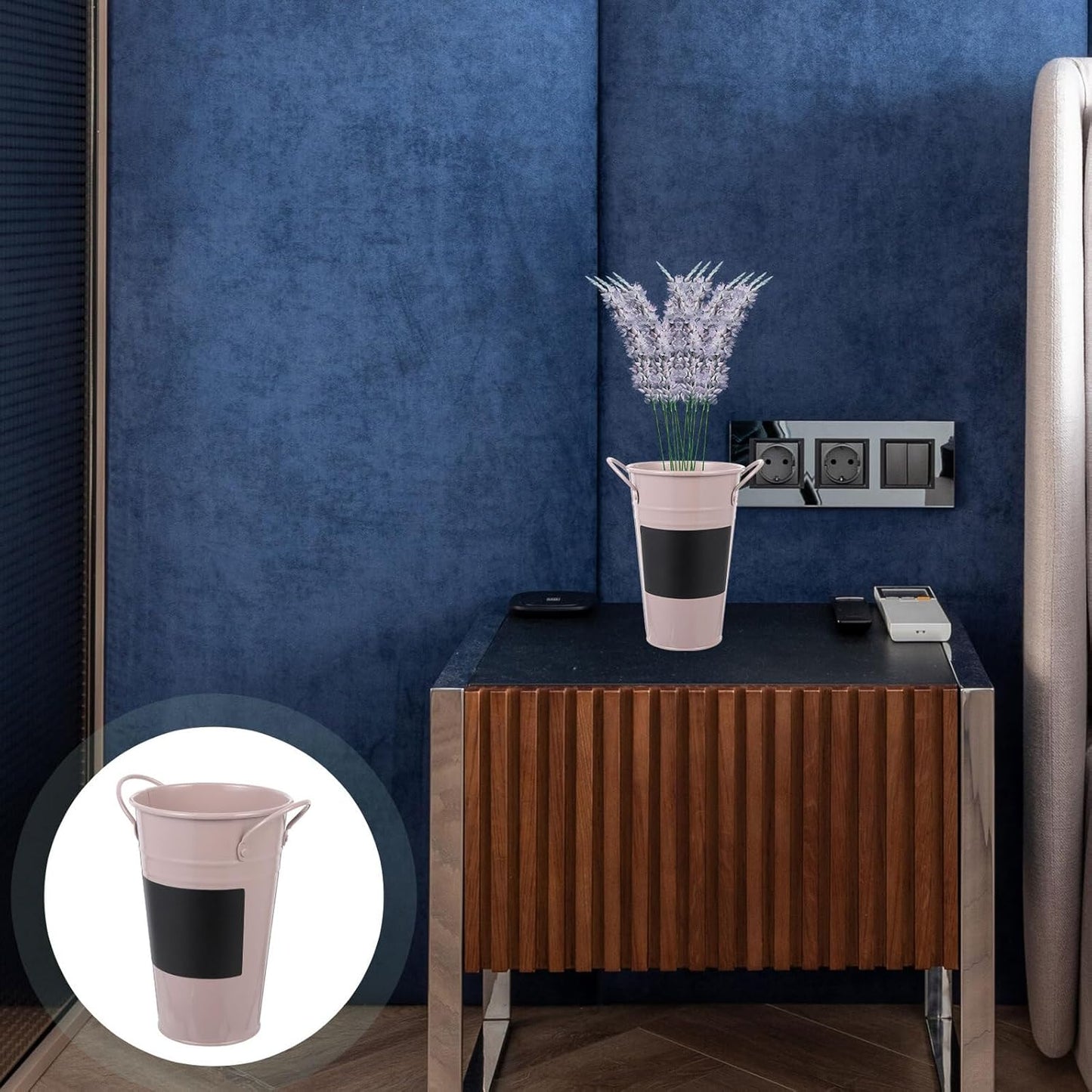 PRETYZOOM Iron Flower Bucket with Small Blackboard, Metal Plant Storage Organizer and Decorative Flowerpot Vase, Light Purple Succulent Planter for Home Garden Décor