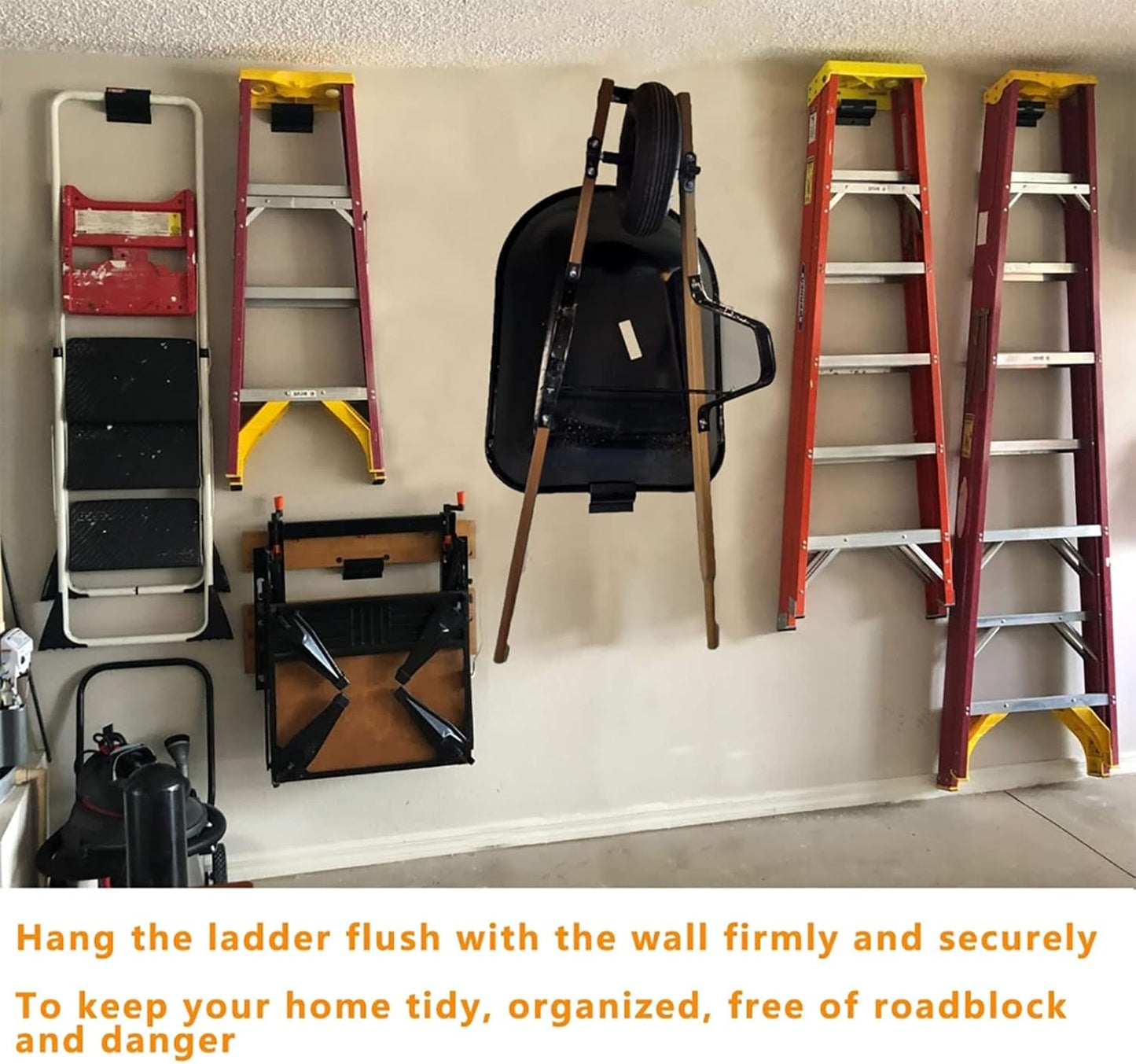 Changor Ladder Hook Hanger, Heavy Duty Wall Mount Garage Storage Organizer 50 lbs Capacity Metal Ladder Grabber for Hanging Ladder Wheelbarrow Chairs Garden Tools Shed Workshop Organization