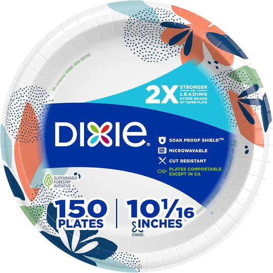 Dixie Large Paper Plates, 10 Inch, 150 Count, 2X Stronger*, Microwave-