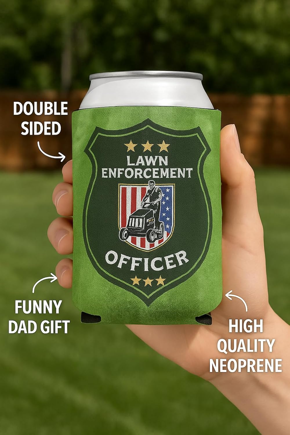 Lawn Enforcement Officer Beer Sleeve – Funny Lawn Care Gift for Dad – Neoprene Can Insulator for 12oz and 16oz Cans – Double-Sided, Durable, Outdoor Father's Day Gift