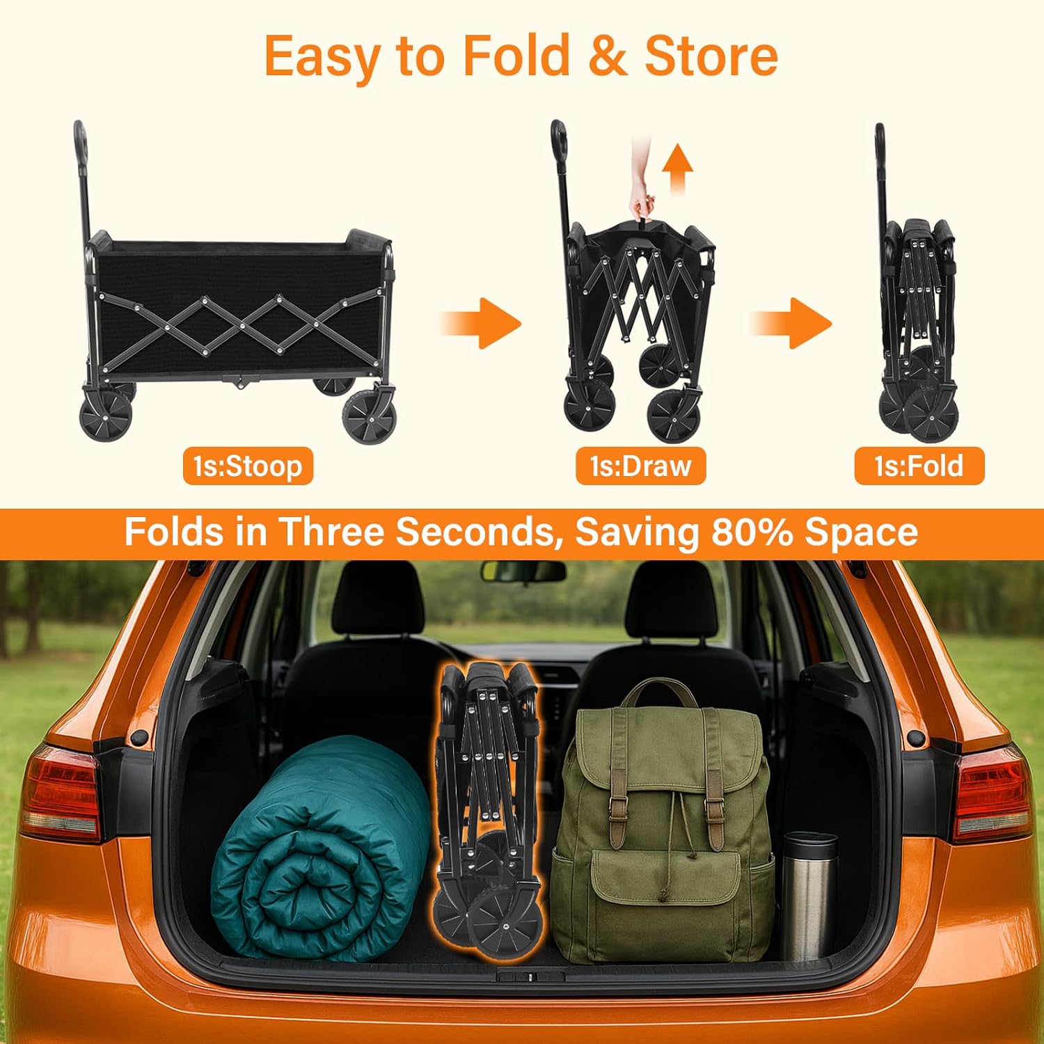 Wagons Carts Foldable, Collapsible Wagon, Folding Wagon Cart with Whee
