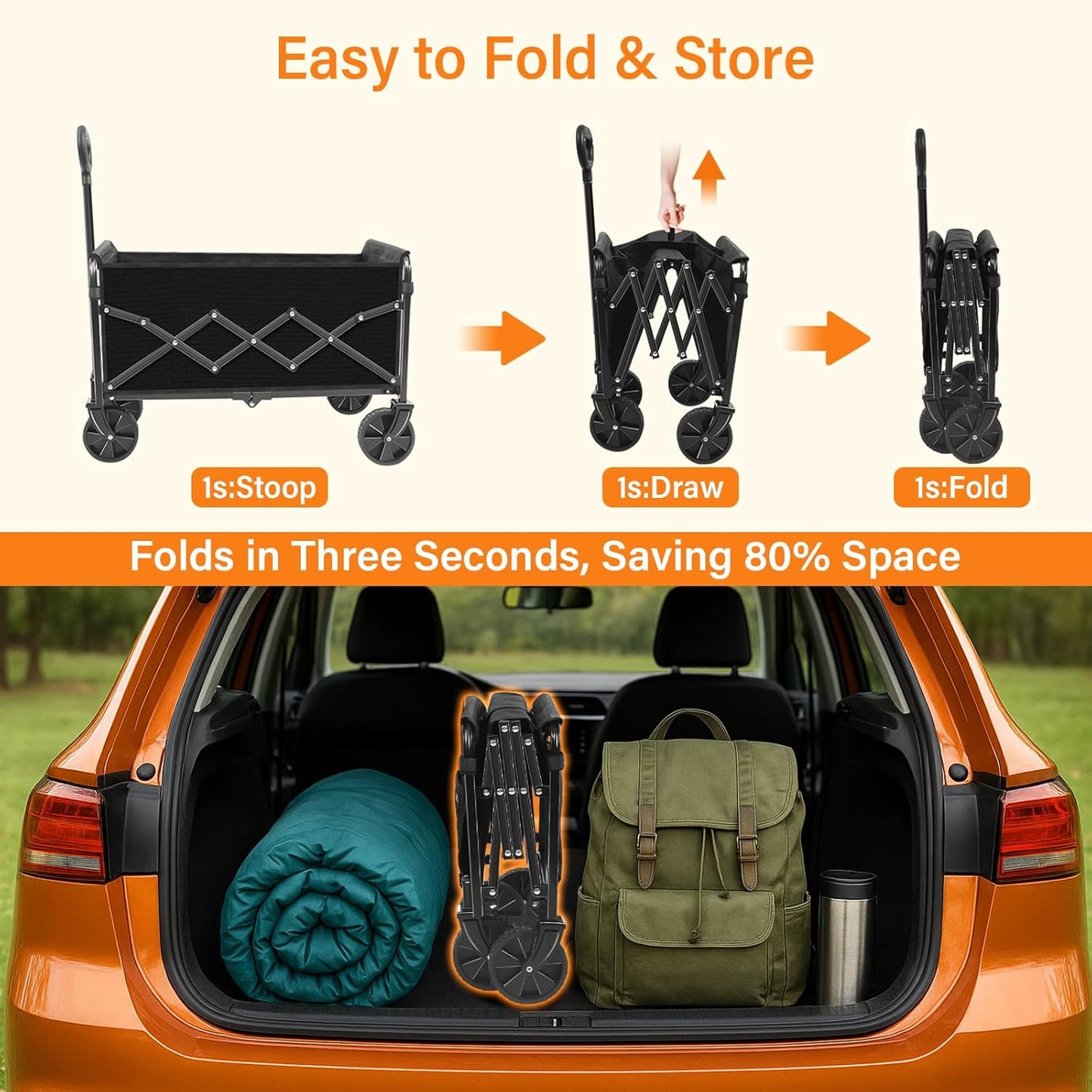 Wagons Carts Foldable, Collapsible Wagon, Folding Wagon Cart with Wheels, Wagons Carts Foldable 280 Lbs - Lightweight Portable Small Fold Up for Camping, Travel, Sports, Grocery, Shopping, Black