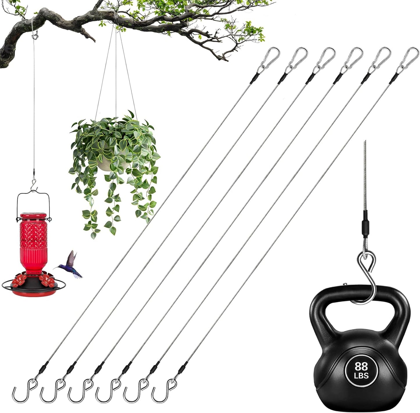 6pcs 23.6in Stainless Steel Hanging Chain Cable with Carabiner Hook & S Hook, Heavy Duty Hanging Chain for Bird Feeders, Planters, Lanterns, Outdoor Yard Christmas Decorations, 88lb Load