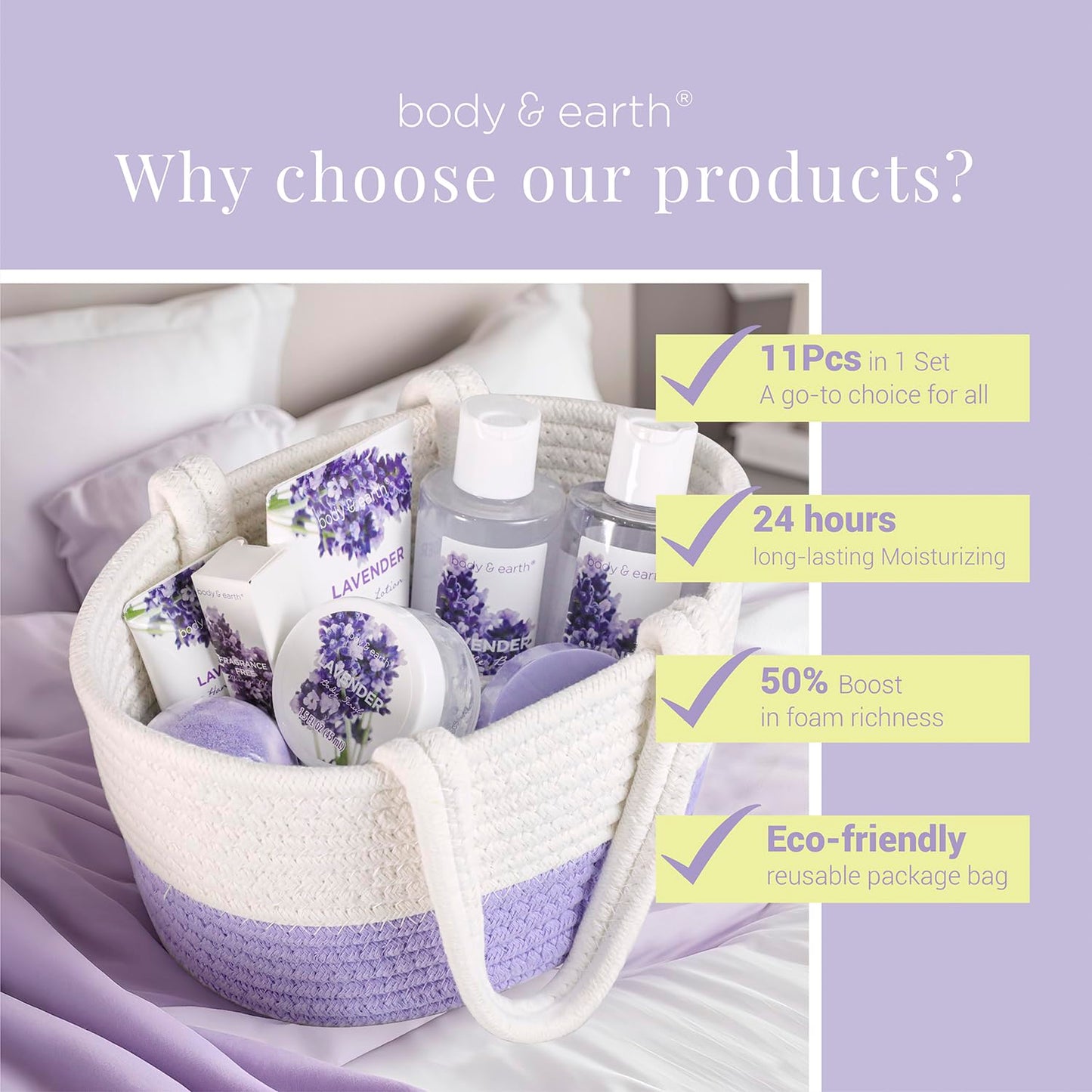 BODY & EARTH Spa Gift Baskets for Women 11pcs Lavender Gift Sets with 