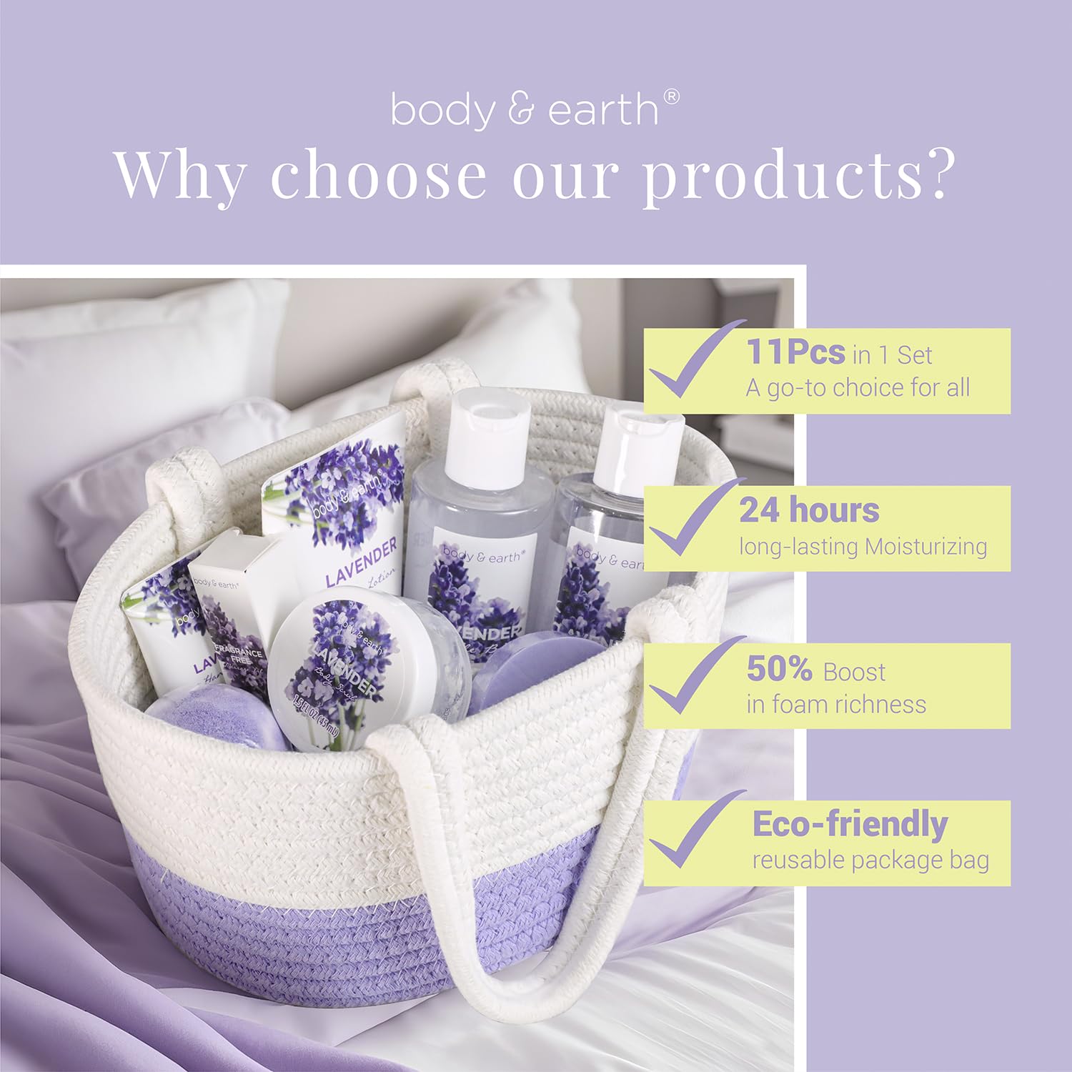 BODY & EARTH Spa Gift Baskets for Women 11pcs Lavender Gift Sets with 