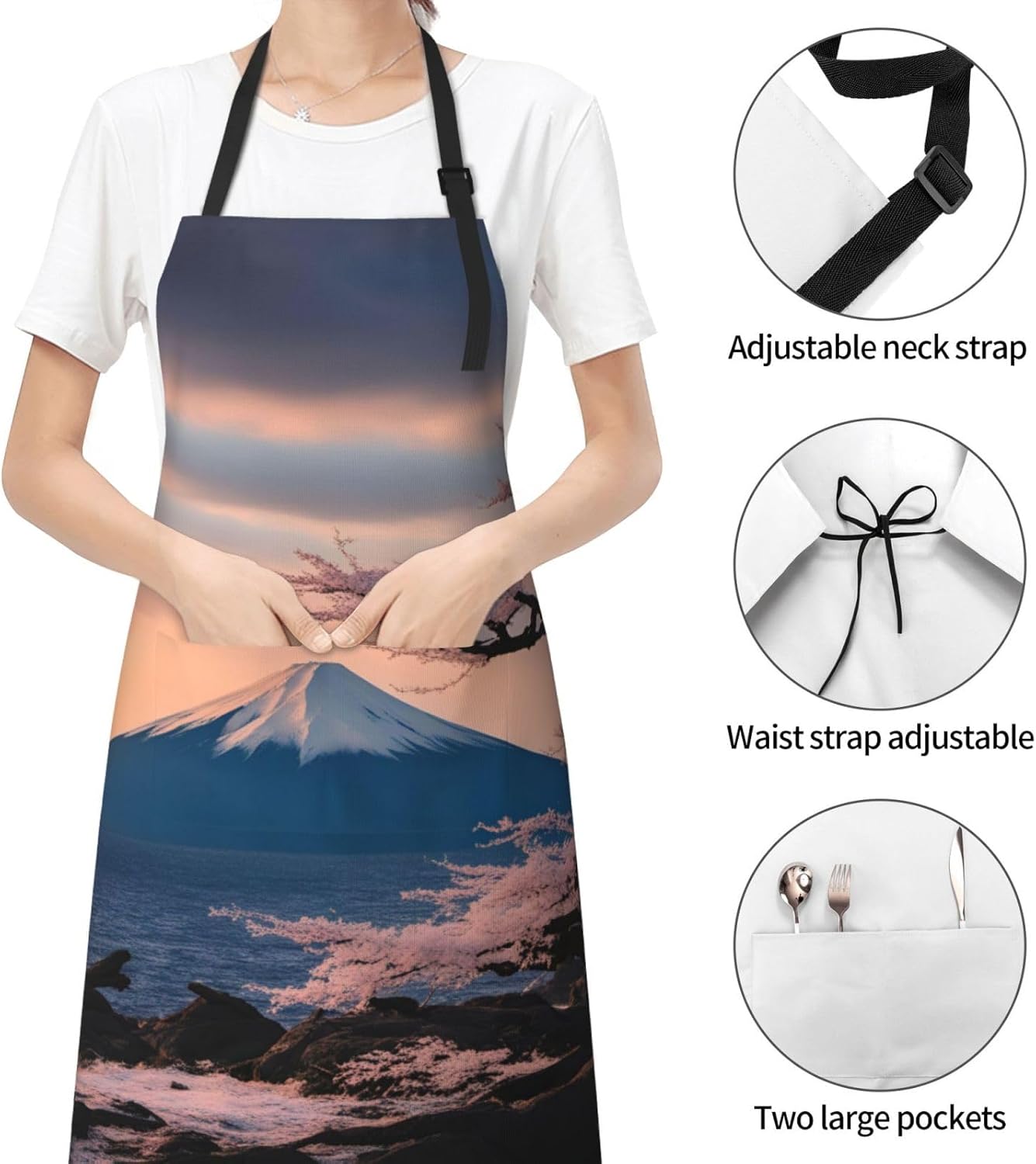 Japan Mount Fuji Landscape print Waterproof chef's apron with pocket apron for kitchen cooking baking barbecue and gardening